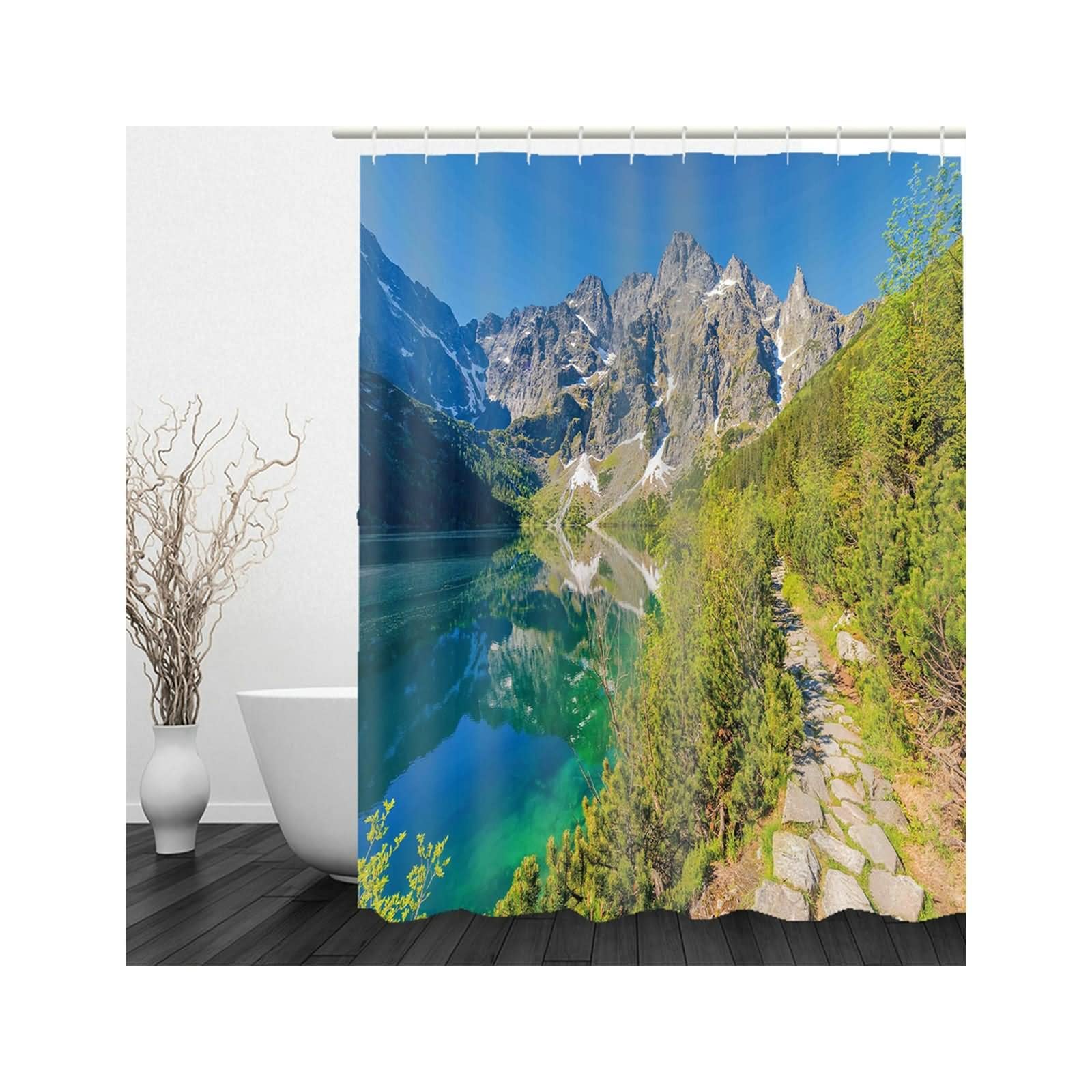 Zasłona prysznicowa do wanny, roleta prysznicowa krajobraz nad jeziorem niebieska zielona 180 x 200 cm do łazienki