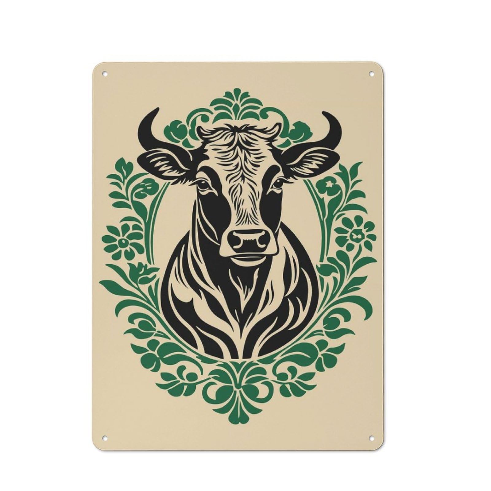 Junmoney Style-2 Metal Gift Sign With Cow Portrait With Floral Ornament Design 40X30cm, Character Room Wall Plaque For Flat, Dorm Room, Lounge Or Cafe