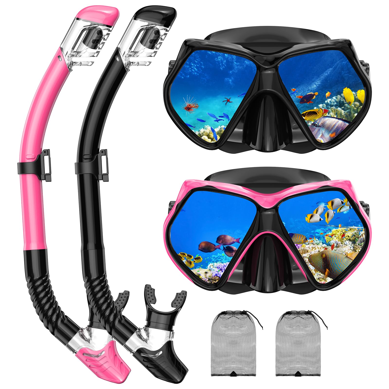 Equipo de esnórquel para adultos, juego de máscara de buceo con parte superior seca, gafas de natación para adultos con cubierta de nariz, vidrio templado HD panorámico antifugas, antivaho, paquetes