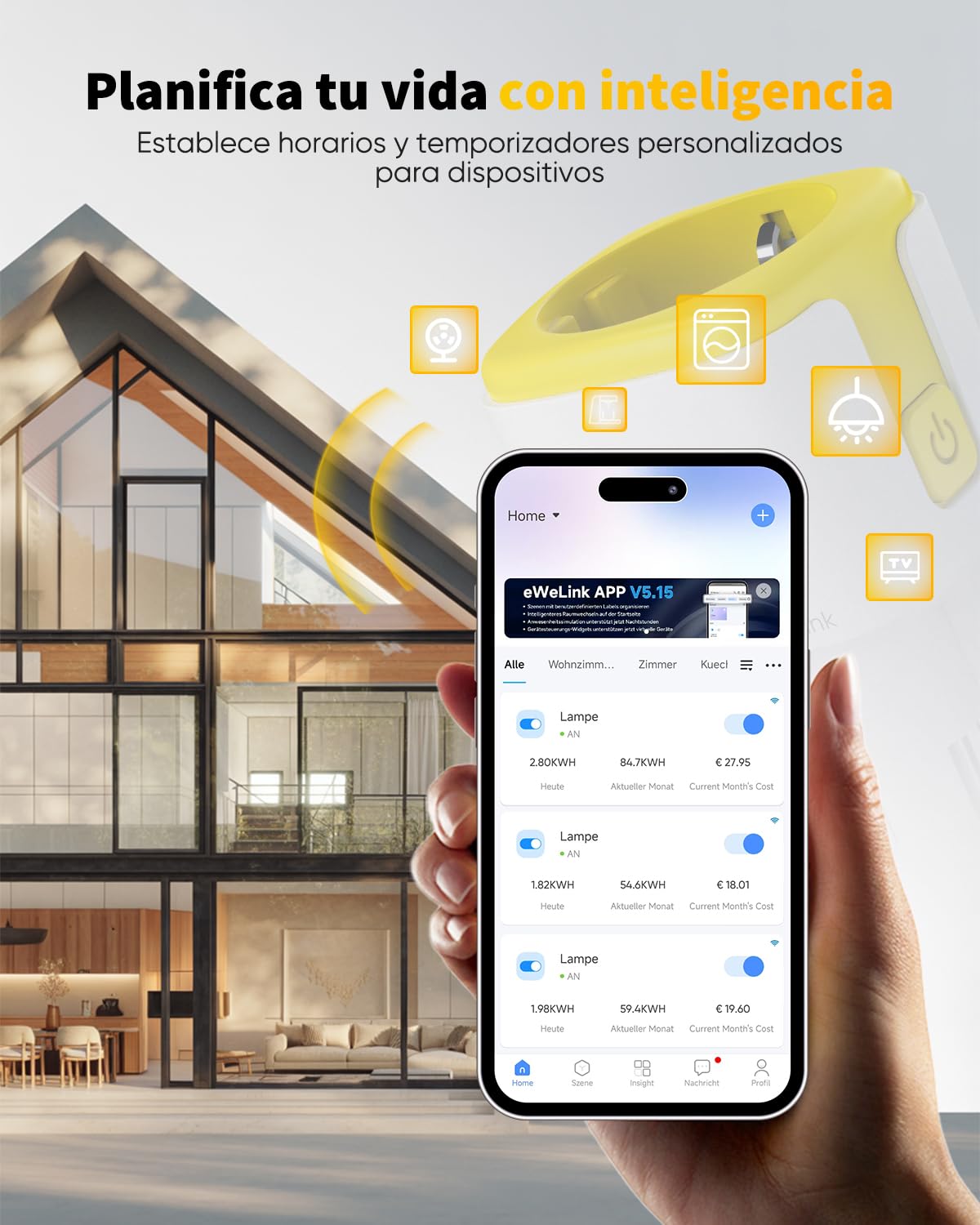 GreenSun Enchufe Inteligente WiFi con Medidor, Alexa y eWeLink, 4 Uds | Control por voz y app: programa horarios, usa temporizador y consulta consumo en eWeLink. Compatible con Alexa y SmartThings