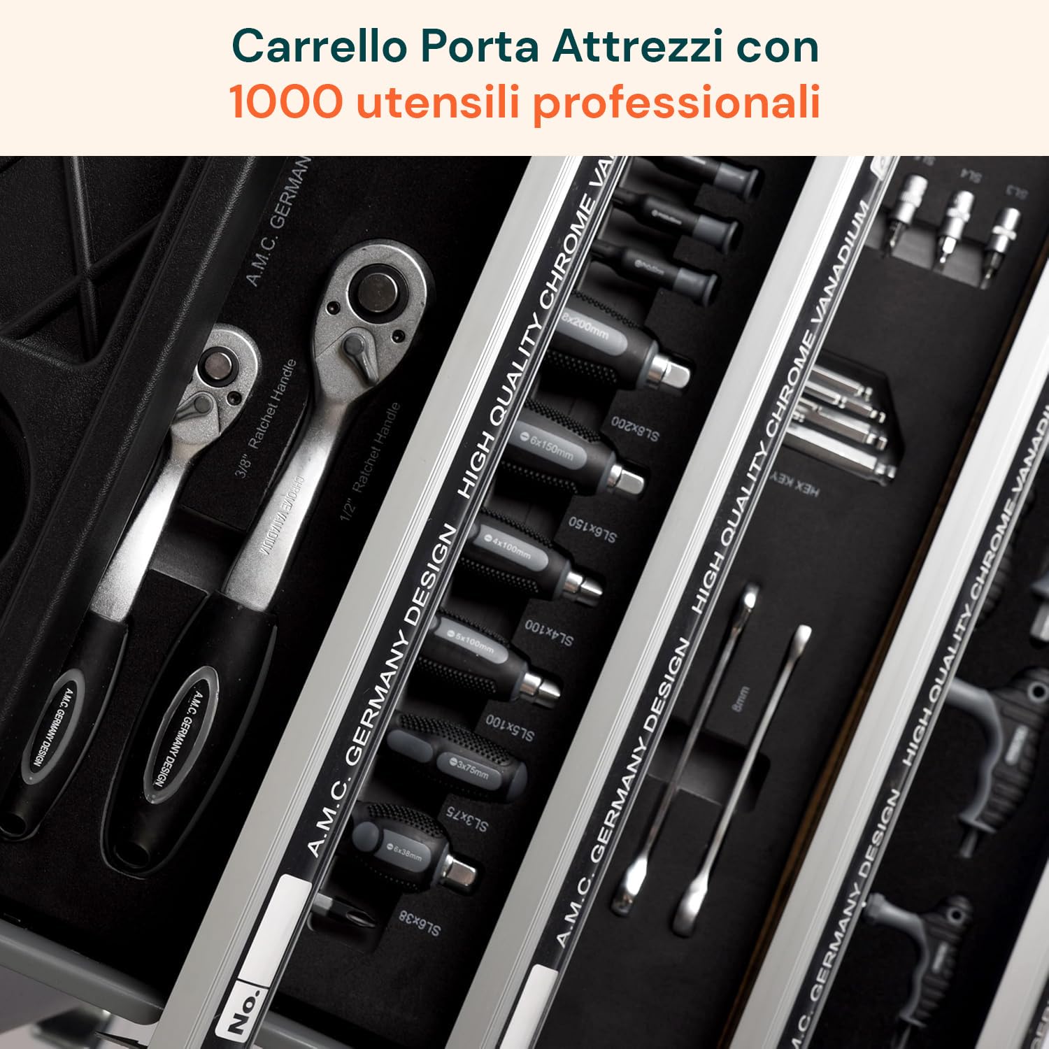 Avilia - Carrello Porta Attrezzi da Officina con 6 Cassetti e 1000 Utensili in Acciaio al Cromo Vanadio per Uso Professionale e Fai da Te