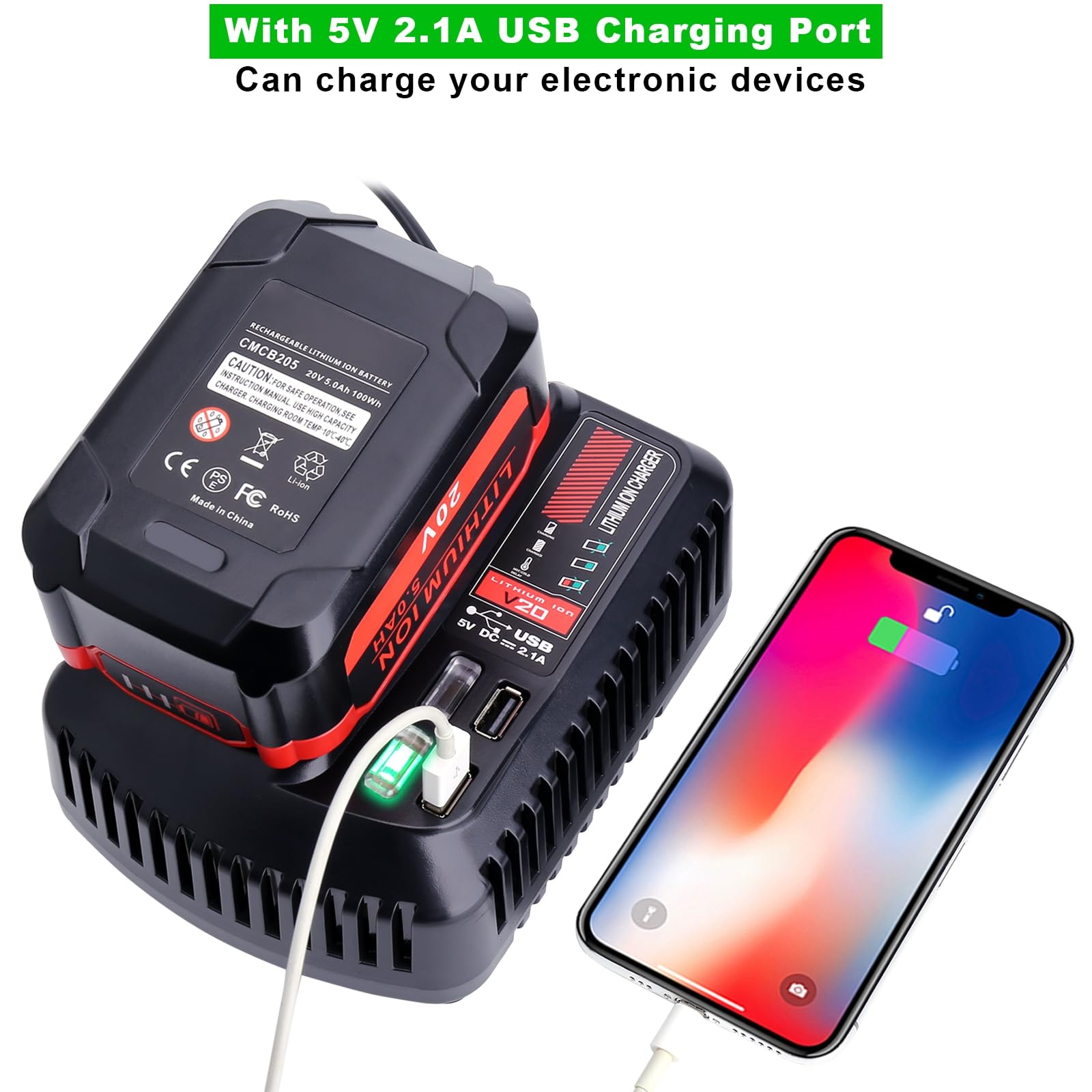 Cargador rápido de batería V20 CMCB104 de repuesto para Craftsman V20 20 V máx. Cargador de batería de litio para CMCB201 CMCB202 CMCB204 CMCB205 CMCB206, con 2 puertos USB