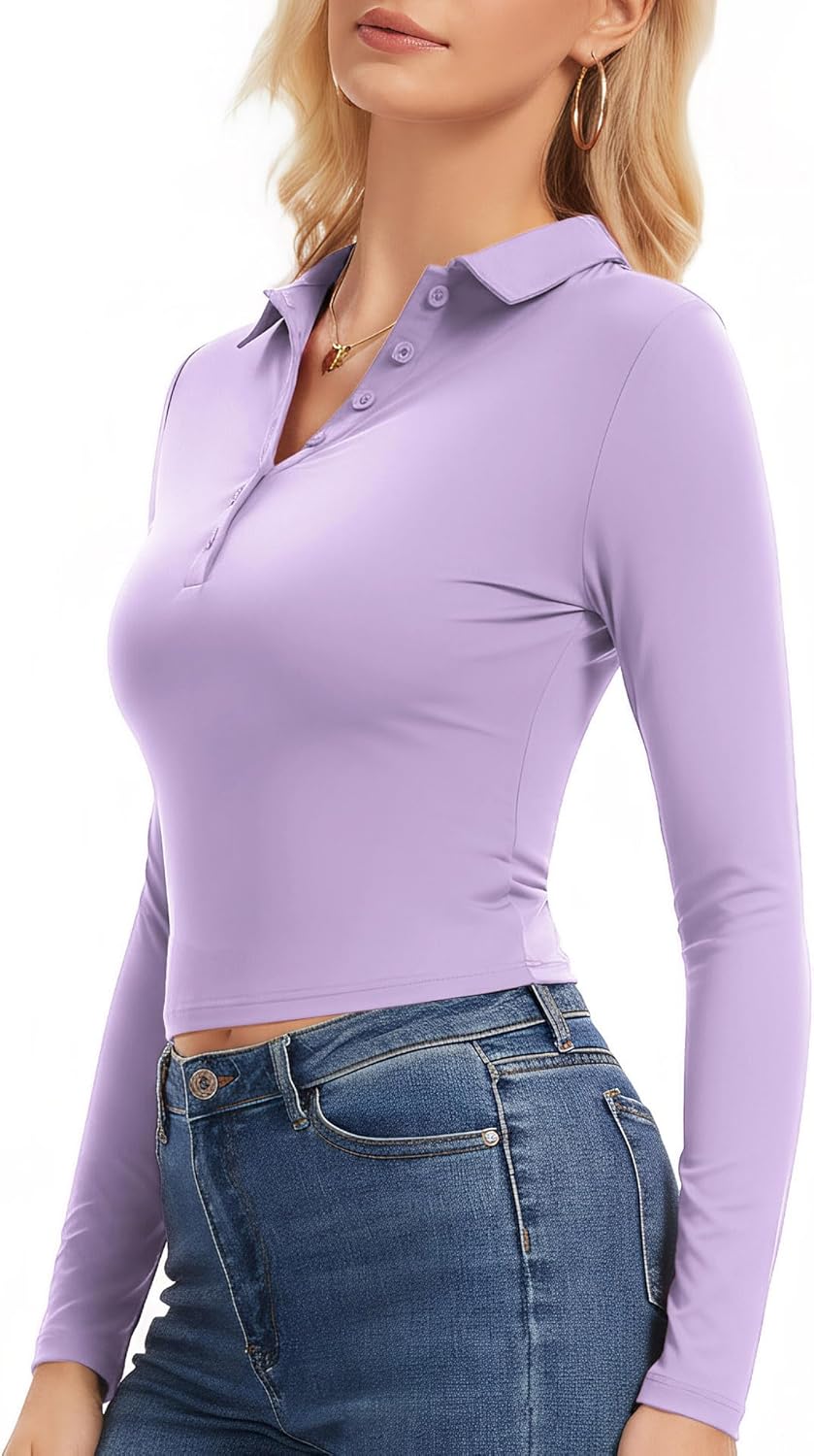 Womens Polo Shirts Long Sleeve,Cropped Collared Shirt Cute Fitted V Neck Tops with Button - Image 5