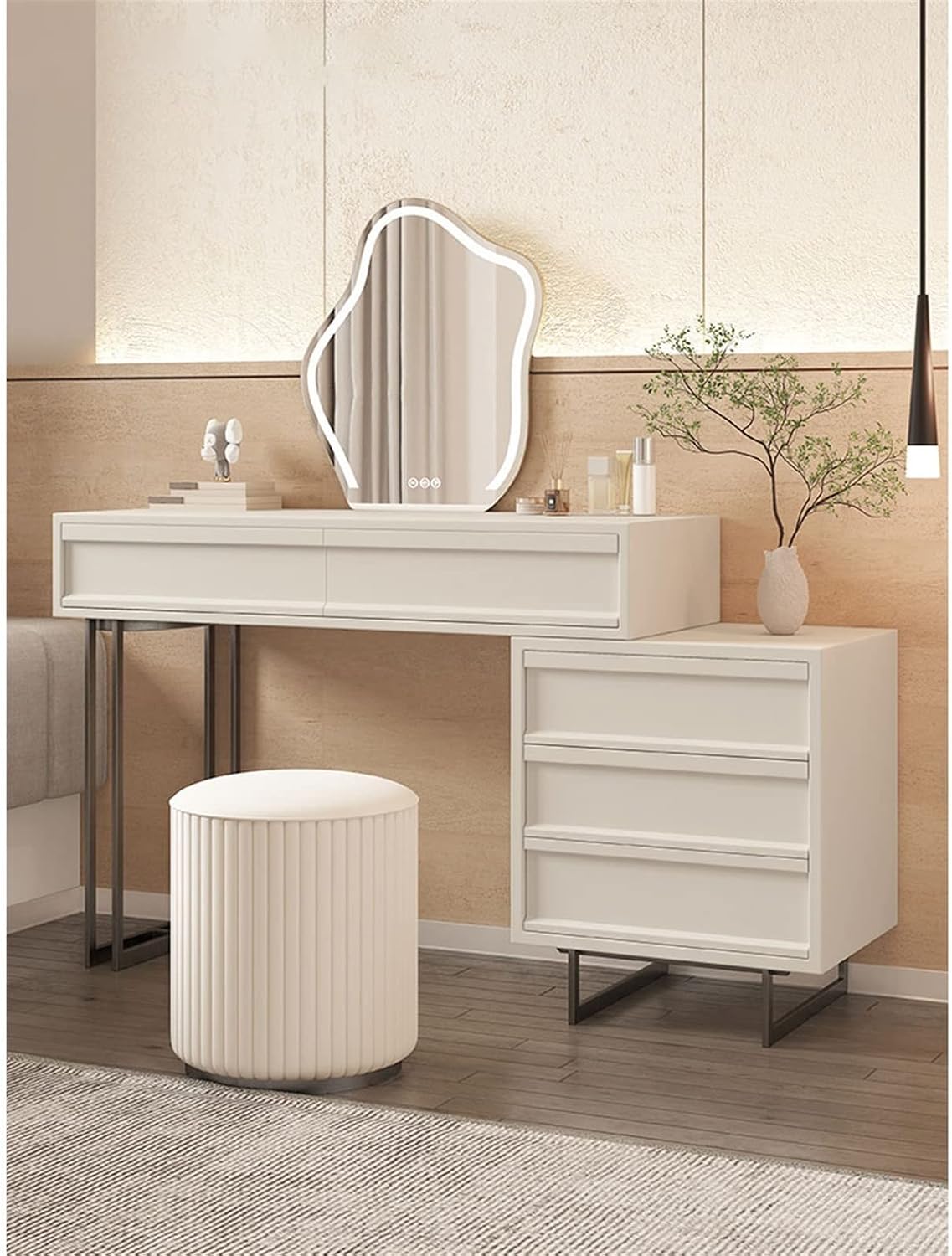 Vanity Dressing Table Set Luxury Makeup Bench with 3 Colors Led Hd Mirror,Comfortable Stool Drawers Cabinet,Modern Simple Style,for Girl's Gift (Size : 80cm) ()