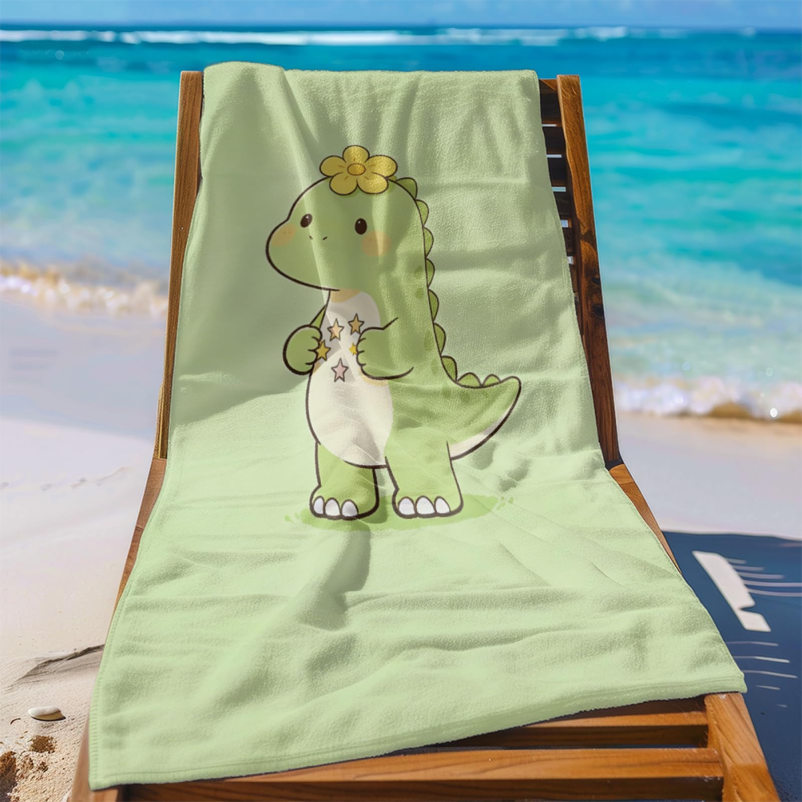 Fouta PlageÉtoile du Dinosaure Vert Modèle Surdimensionné avec Diverses Tailles, Respirante et Portable, Parfaite pour Voyages Sorties Piscine et Usage Extérieur Quotidien 90x160 cm