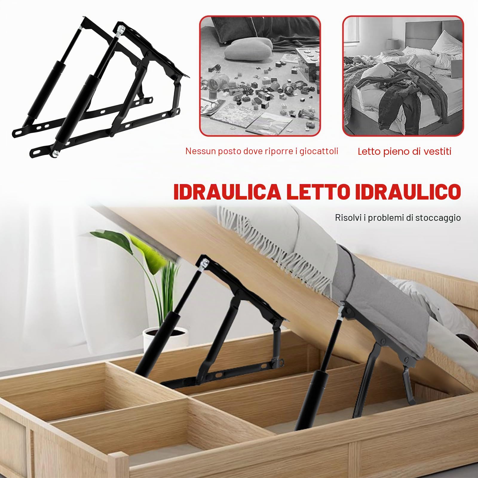1 paio di meccanismi di sollevamento pneumatici per letto da 53 cm, meccanismo di sollevamento per letti contenitore, cerniera idraulica nera per sollevamento letto, capacità di carico 100 kg, per