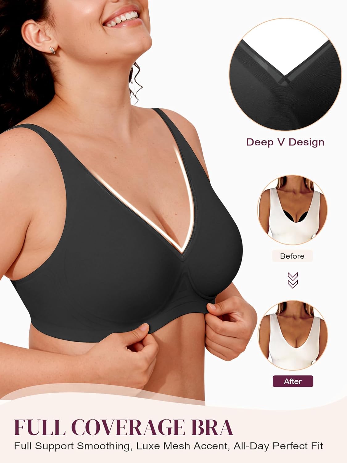 Wireless No Underwire Seamless Jelly Full Coverage Plunge V Mesh Bras for Women Supportive Tshirt Bralettes - Image 3