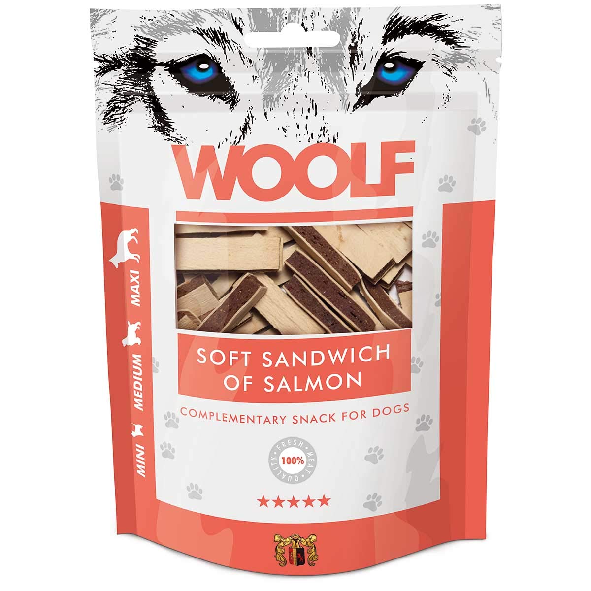 Woolf Snack de salmón para Perro 100g. Snacks Natural con Forma de trocitos de Sandwich para Perro