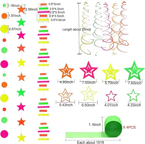 Miniatura 11 de Guirnalda de papel de neón de estrella de 108 pies, suministros de fiesta con serpentinas de neón para luz negra, accesorios de fiesta, pancarta