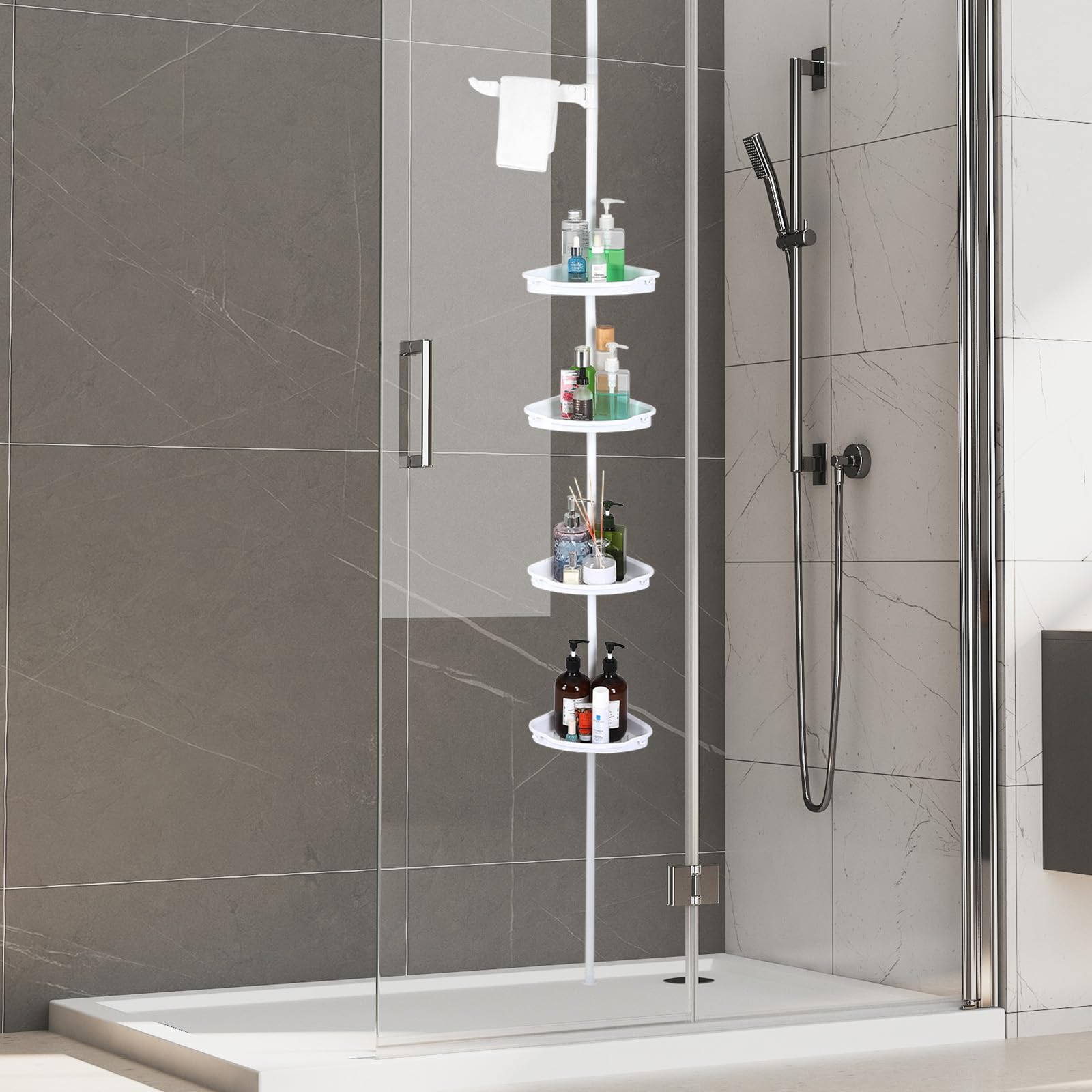 LALFPET Corner Shower Caddy Tension Pole 101 6-122 4 Tier Shower Shelf Rust Proof No Drilling Bathroom Organizer