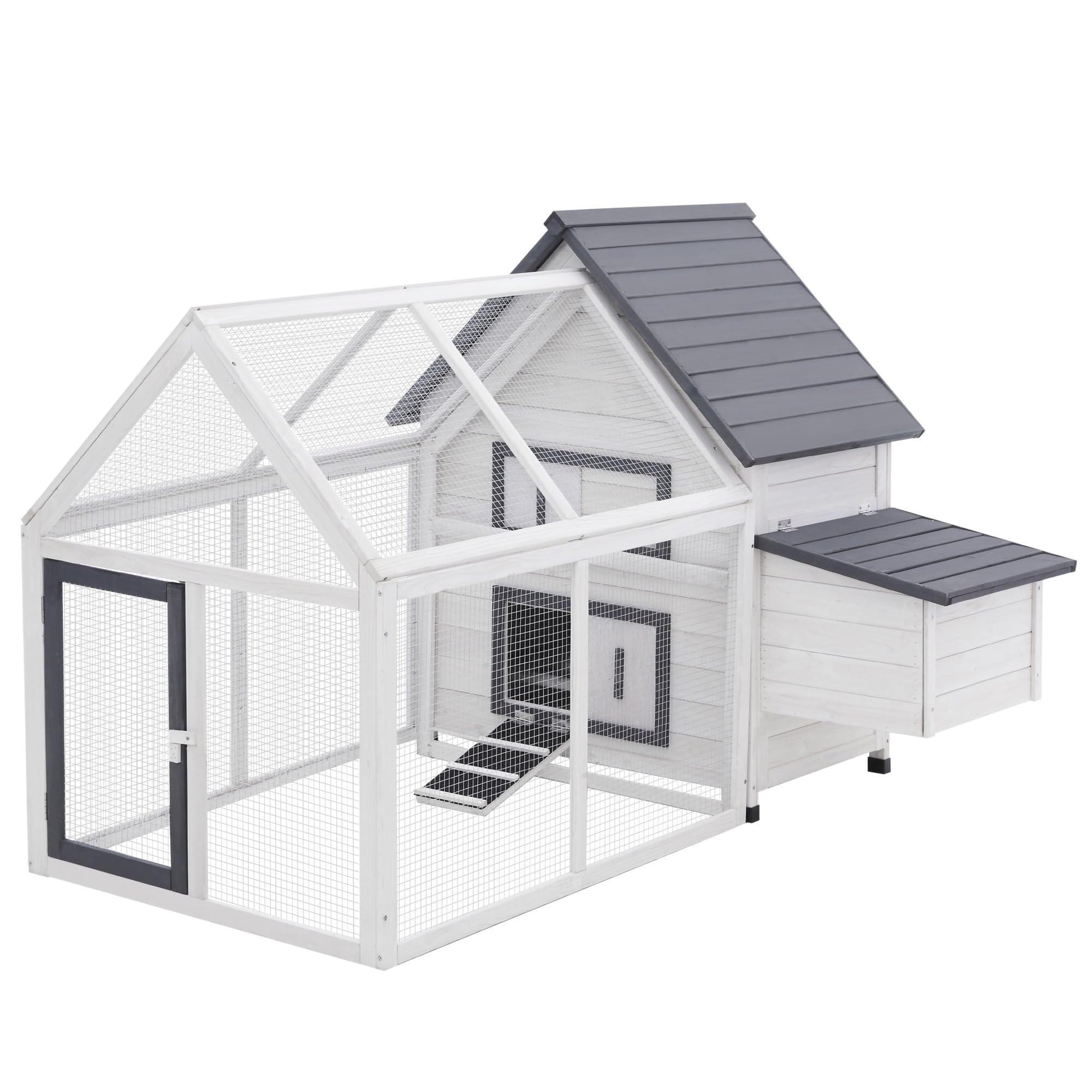 PawHut Grey and White Wooden 0.07-Acre In-Ground Poultry Cage with Nesting Box, Ramp, Run D51-102