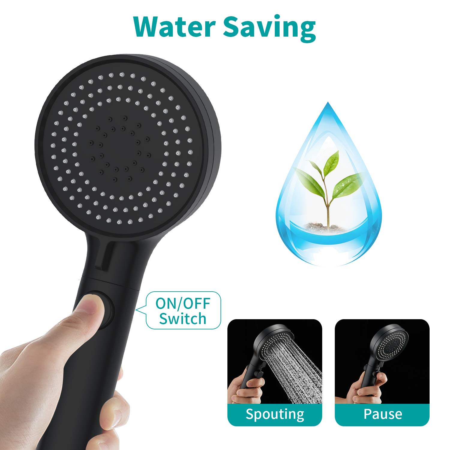 MIAOHUI Soffione doccia con tubo flessibile e interruttore on/off, soffione doccia portatile ad alta pressione a 3 impostazioni, soffione doccia rimovibile con tubo, staffa angolare regolabile,