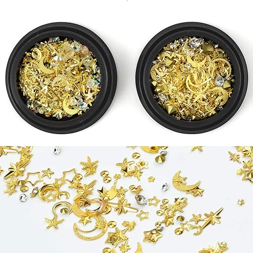 Miniatura 4 de Aretes de uñas dorados 3D, gemas mezcladas con diamantes de imitación brillantes, perlas de cristal, luna hueca, estrella, remaches de metal, dijes