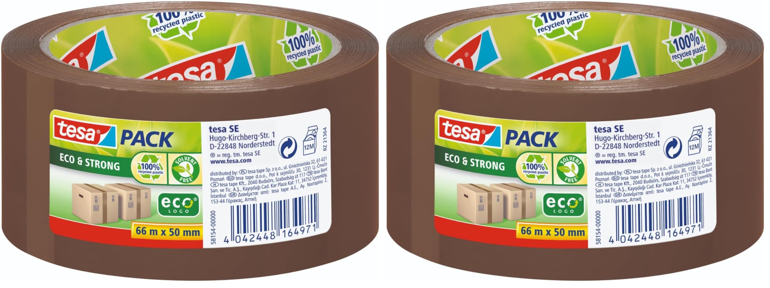 tesa tesapack Eco & Strong - Umweltschonendes Paketband aus 100% recyceltem Kunststoff, UV- und alterungsbeständig - Braun - 66 m x 50 mm (Packung mit 2)