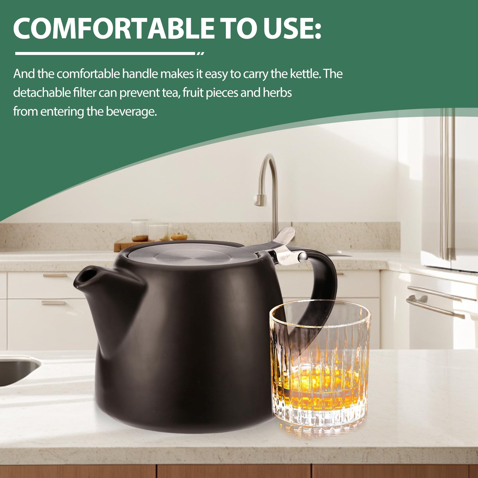 Teiera con inserto per colino, teiera in ceramica nera, 500 ml, per tè sfuso, isolata e antigoccia, calore a lunga durata