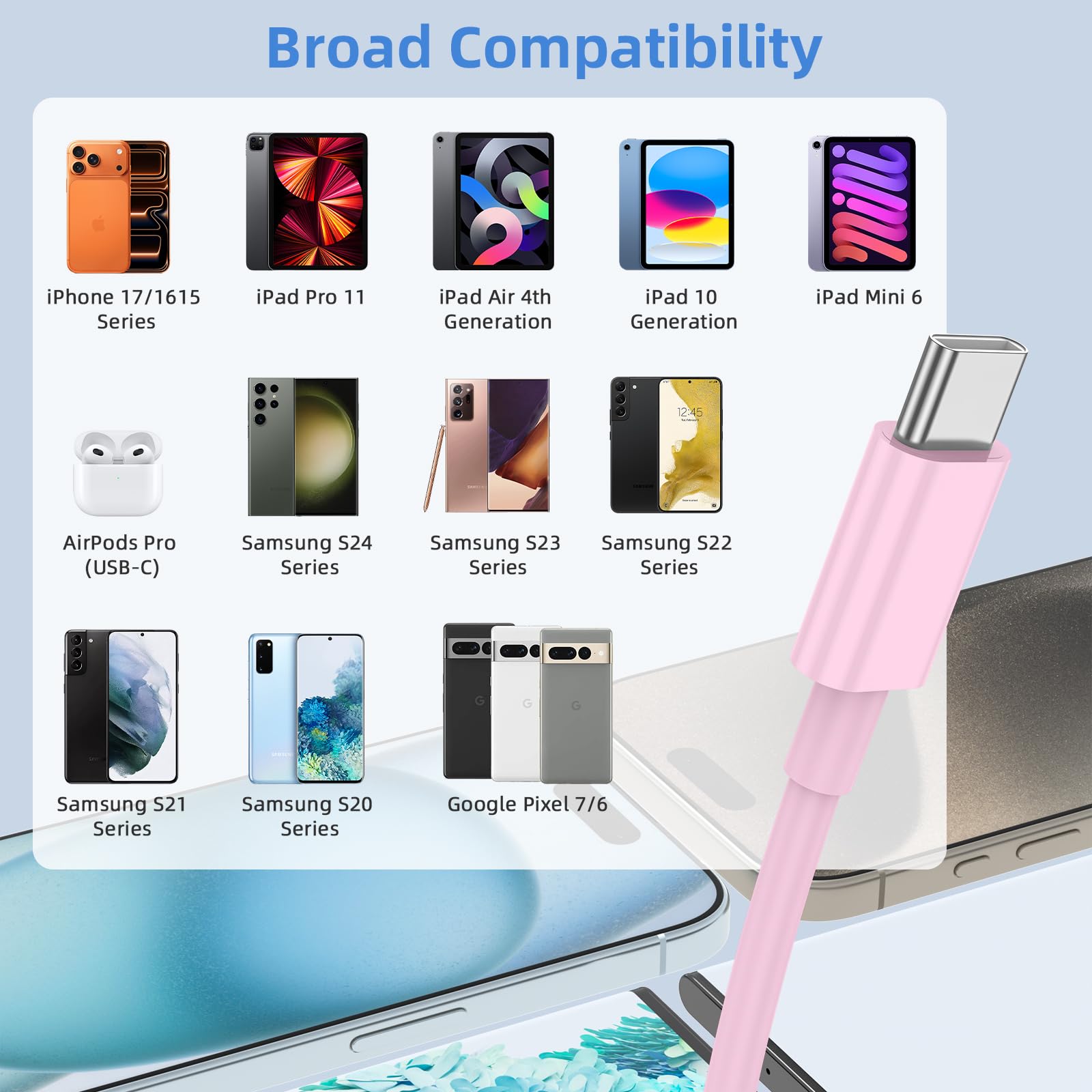 Paquete de 2 cables de carga rápida USB a USB C de 10 pies para iPhone 17, 16, 15, para Apple iPhone 17, 16, 15/Pro/Pro Max/Plus, cable largo tipo C Carplay para iPad Pro 12.9/11 para Android (rosa)