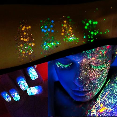 Miniatura 3 de Brillantina gruesa que brilla en la oscuridad, 12 cajas de purpurina iridiscente luminosa Tiffany rosa amarilla escamas para cara, ojos, cuerpo,