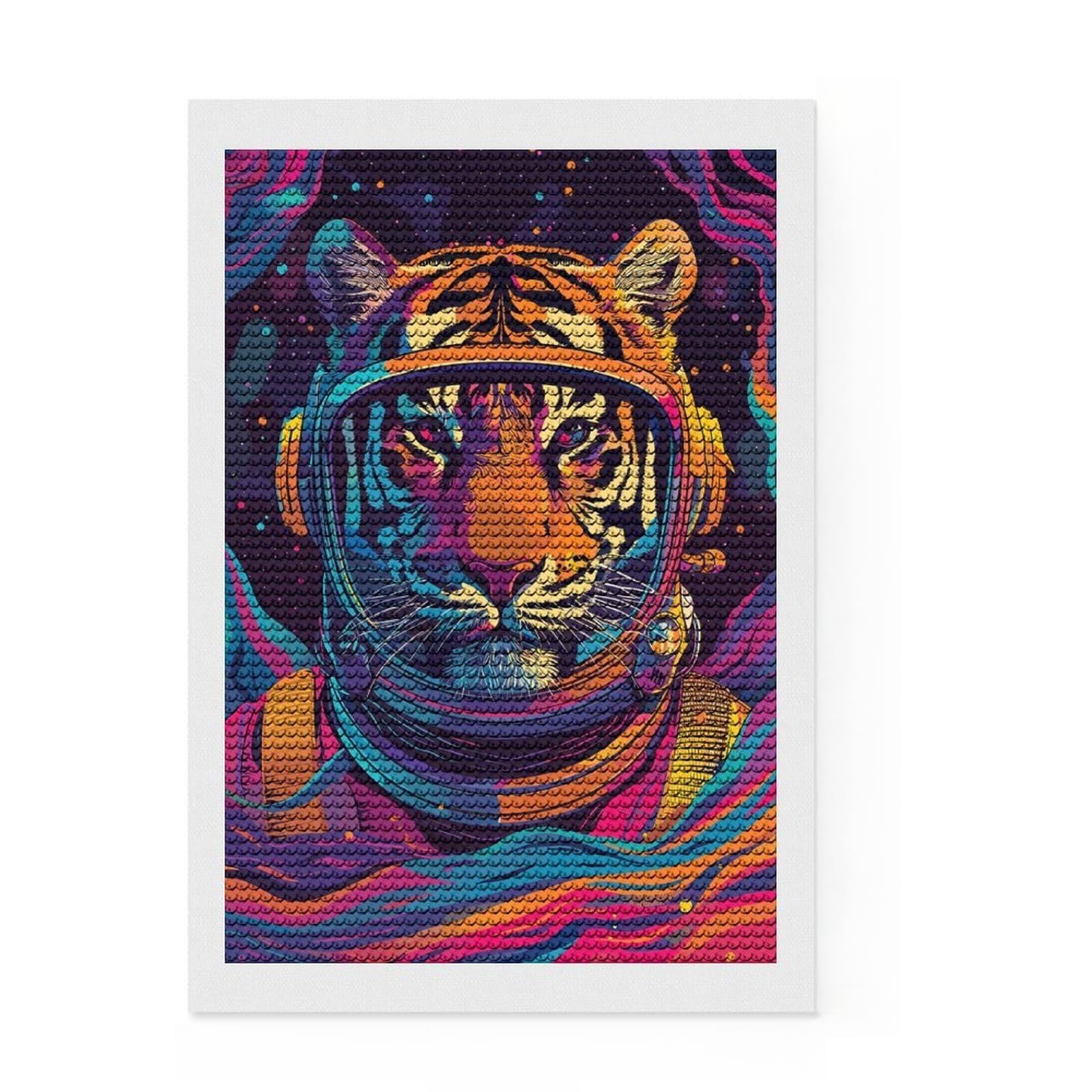 Junmoney Astronaut Tiger Space Diamond Painting Canvas Set 8"x12", Vintage Style Decor, for Beginners, Creative Leisure Activity, Christmas Gift