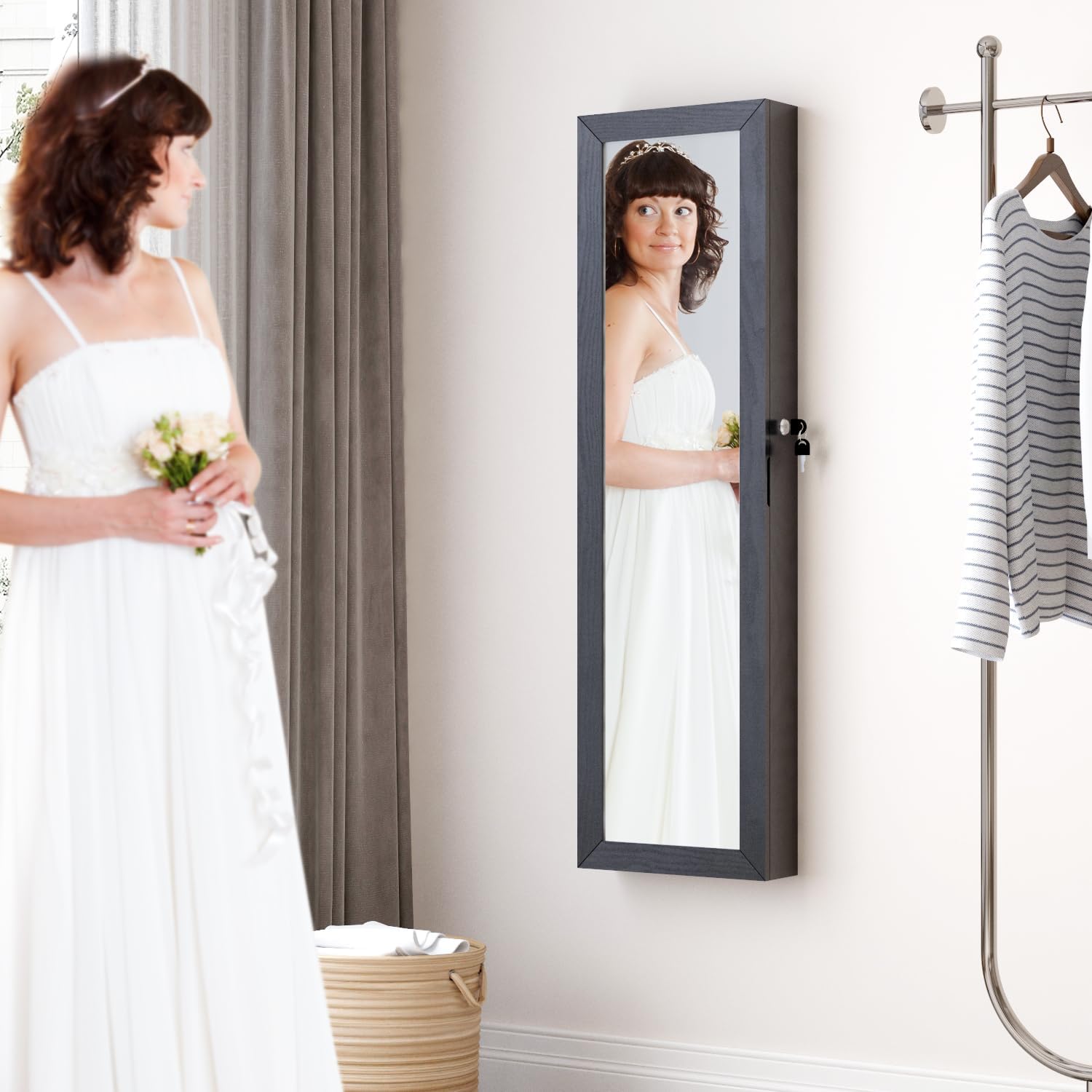 Full Length Mirror Jewelry Cabinet Organizer Lockable Door Wall-Mounted Jewelry Armoire with Shelves and Behind the Door Storage Black - Image 6