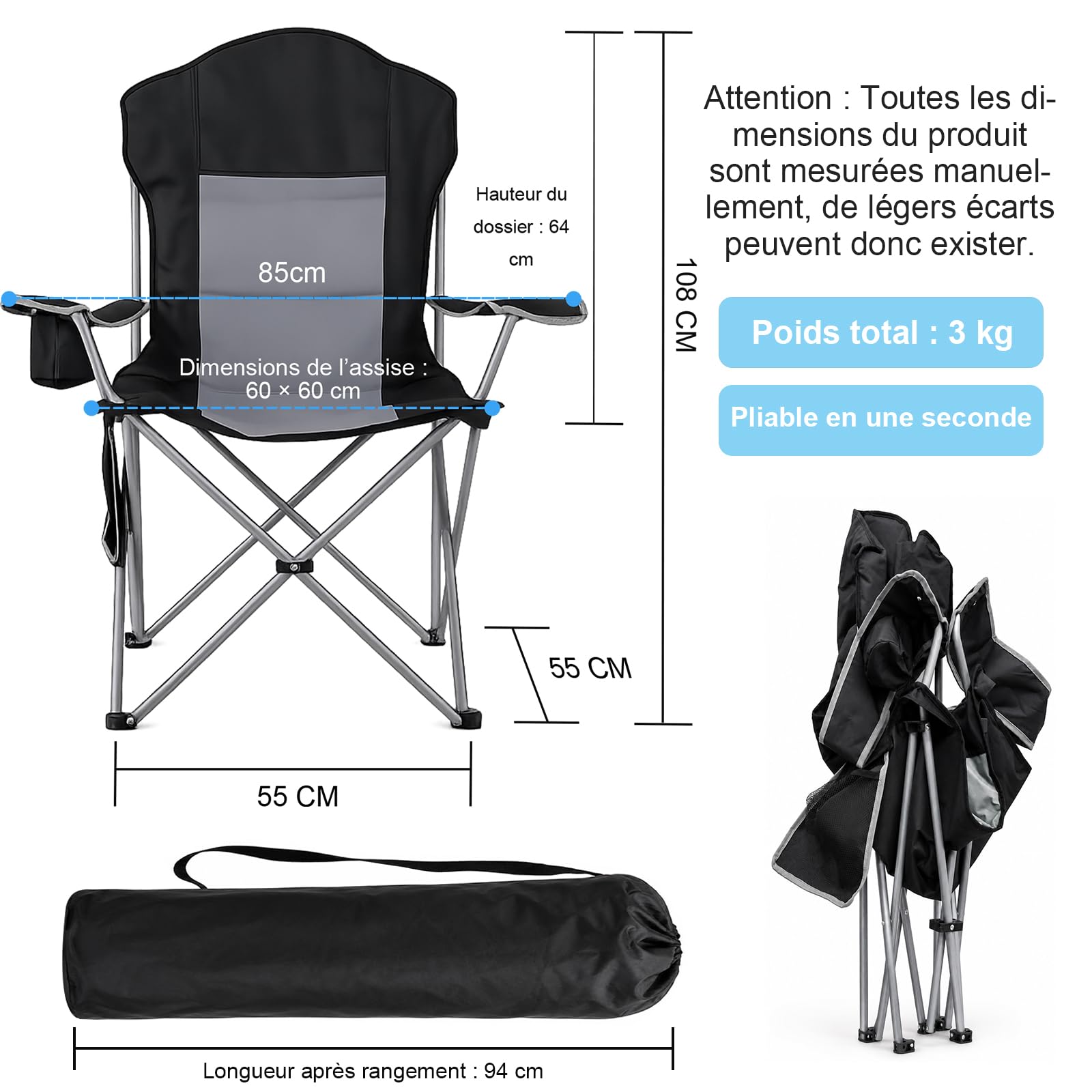 Chaise Pliante Camping XXL Haute Charge 160KG+,pour Plage/Camping/Pêche | Confort longue assise, sac de rangement inclus, adapté toutes morphologies, pliage 1 seconde, usage jardin balcon