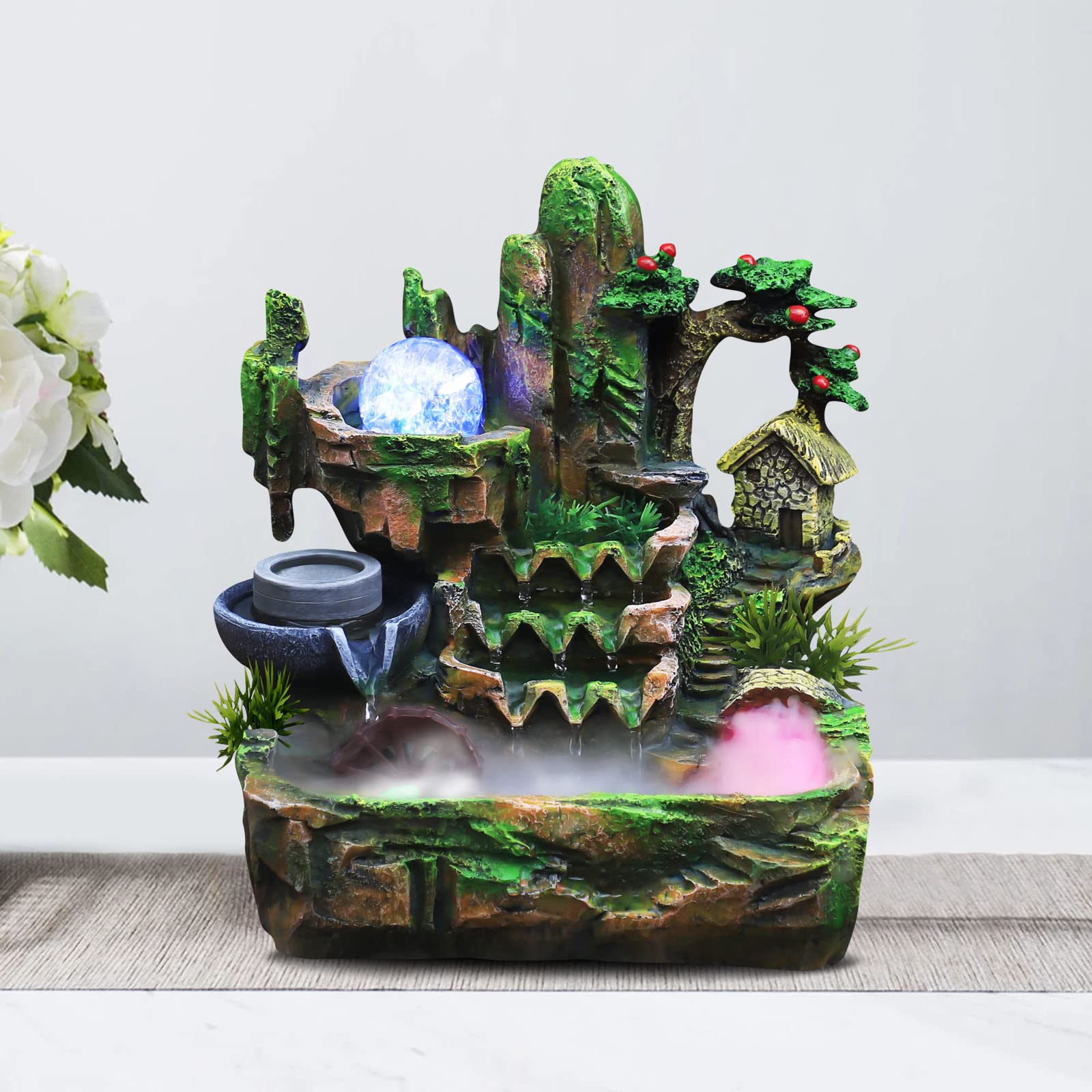 Desktop Fountain Waterfall with Rockery & LED Colorful Lights Indoor Relaxation Resin Ornament for Office, Home, Bedroom Desk Decoration US Plug 110V