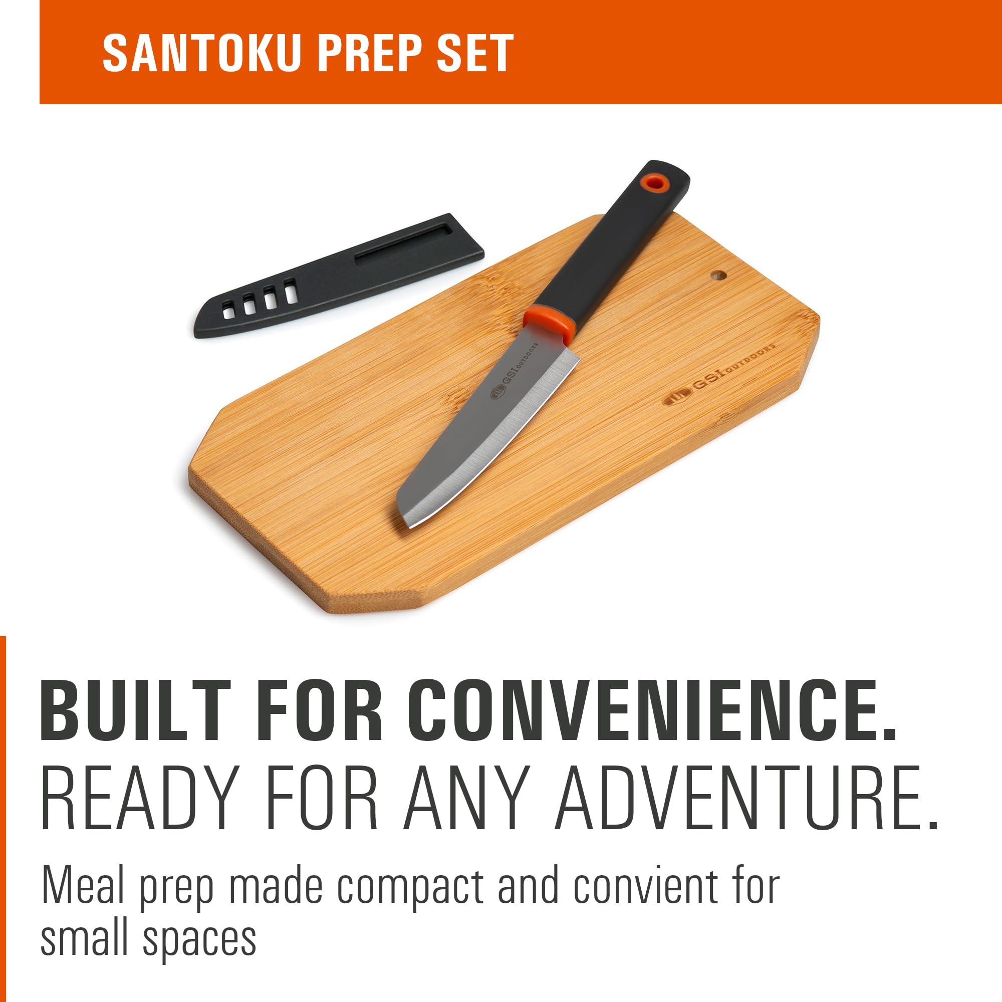 GSI Outdoors Santoku Prep Set 46001 – kompaktowy nóż 10 cm z bambusową deską do krojenia, pochwą i torbą do przechowywania