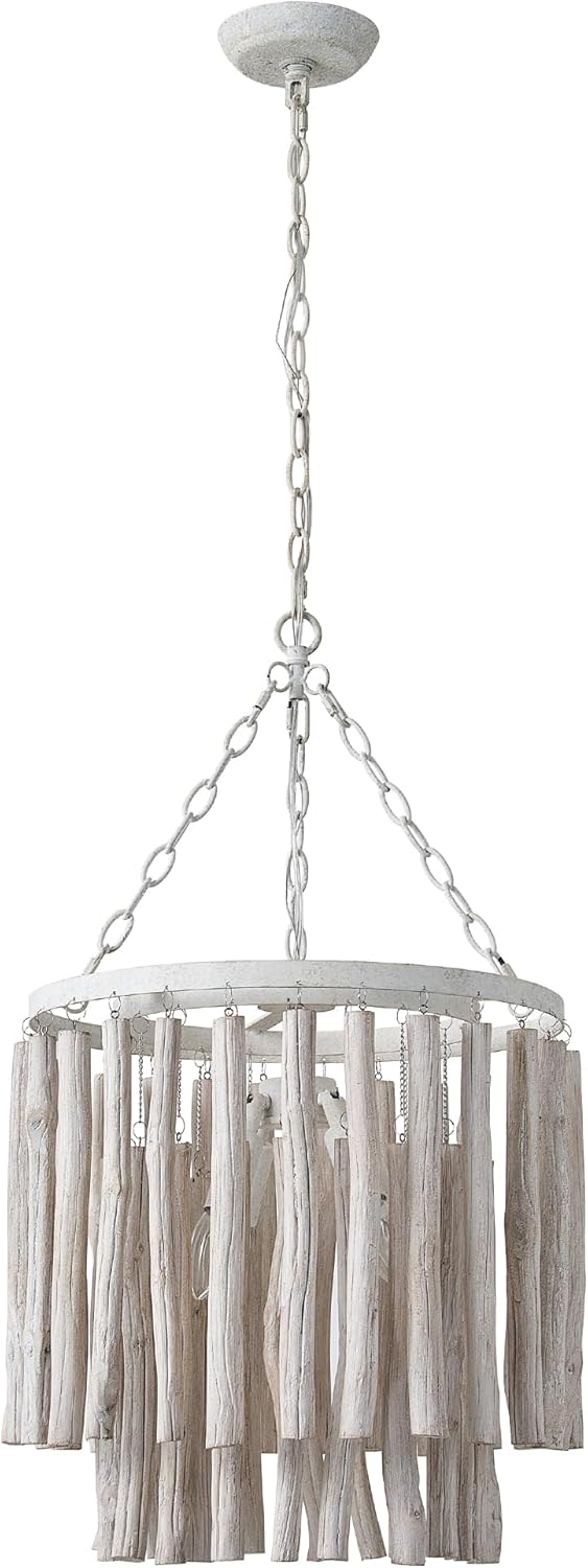 Coastal Chandelier 17" Whitewashed Wood Driftwood Light Fixture, 4-Light Rustic Farmhouse Drum Pendant Lighting with 39" Adjustable Chain for Dining Room, Bedroom, Living Room, White Iron & Wood
