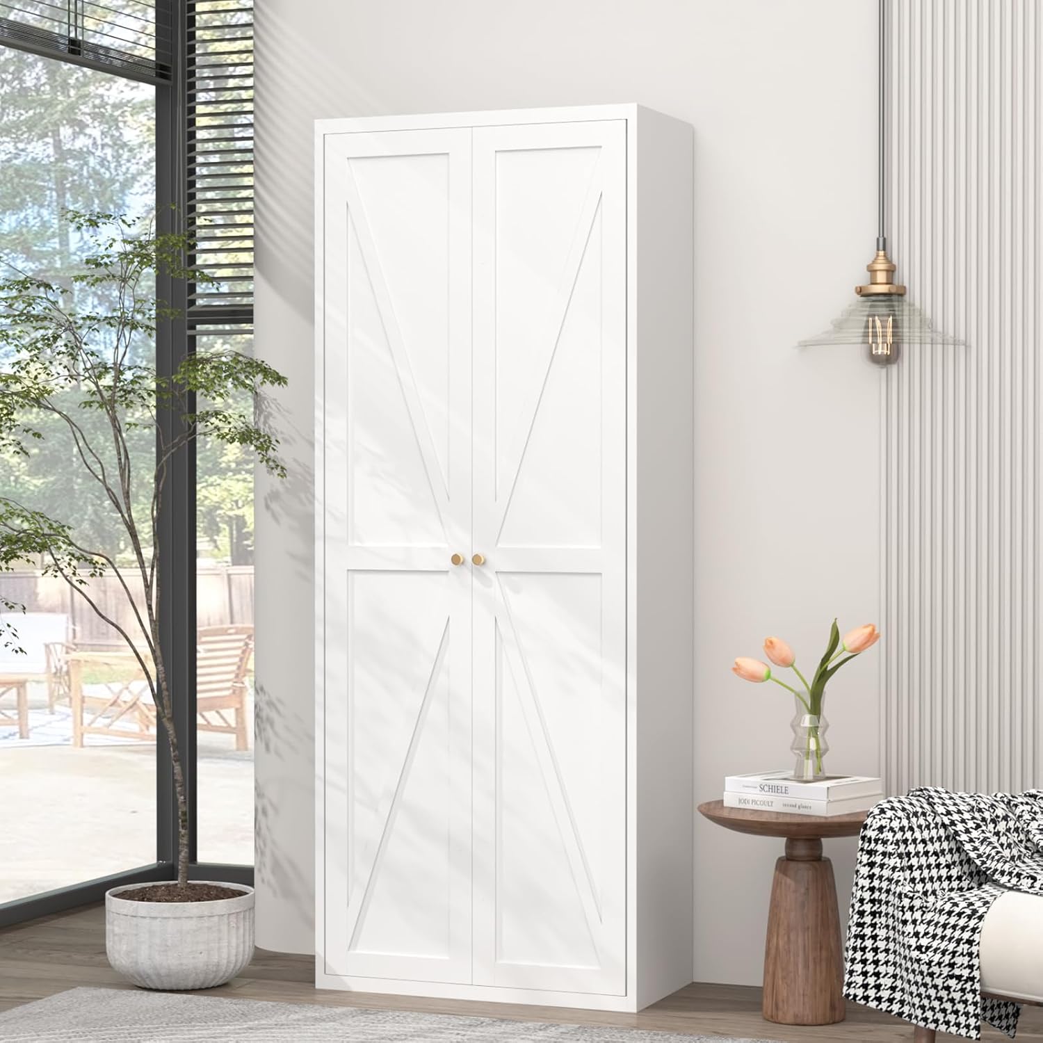 GREATMEET 71" Kitchen Pantry Storage Cabinet, Metal Garage Storage Cabinets with 2 Doors and Shelves, Tall Storage Cabinet, Laundry Room Cabinet, Food Pantry Cabinet, White