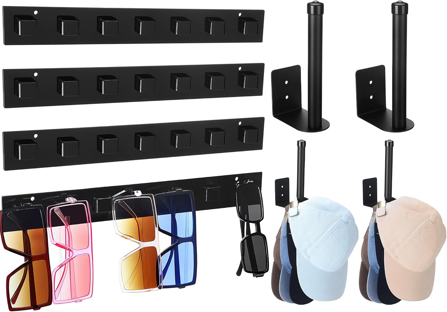 Geelin 4 Pcs Sunglasses Organizer and 4 Pcs Hat Racks for Baseball Caps, Wall Glasses Holder Stainless Steel Hat Organizer for Baseball Cap and Acrylic Sunglasses Eyeglass Holder for Home Office