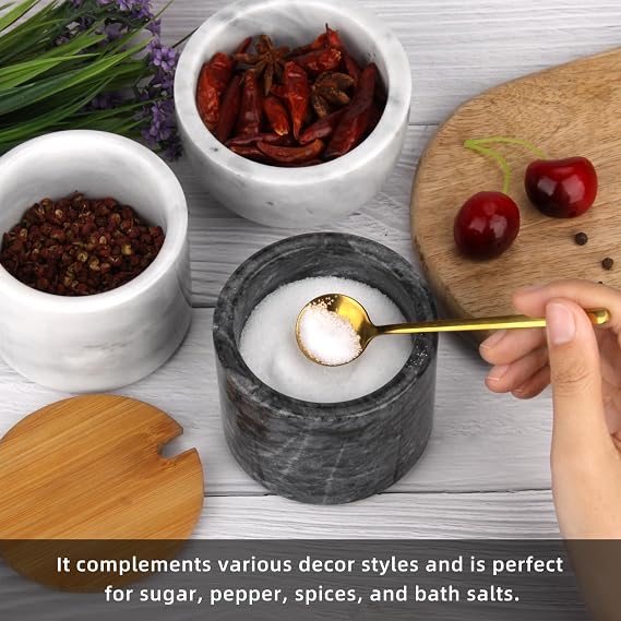 Marble Salt Cellar Box, Dark Grey,with Bamboo Lid & Metal Spoon