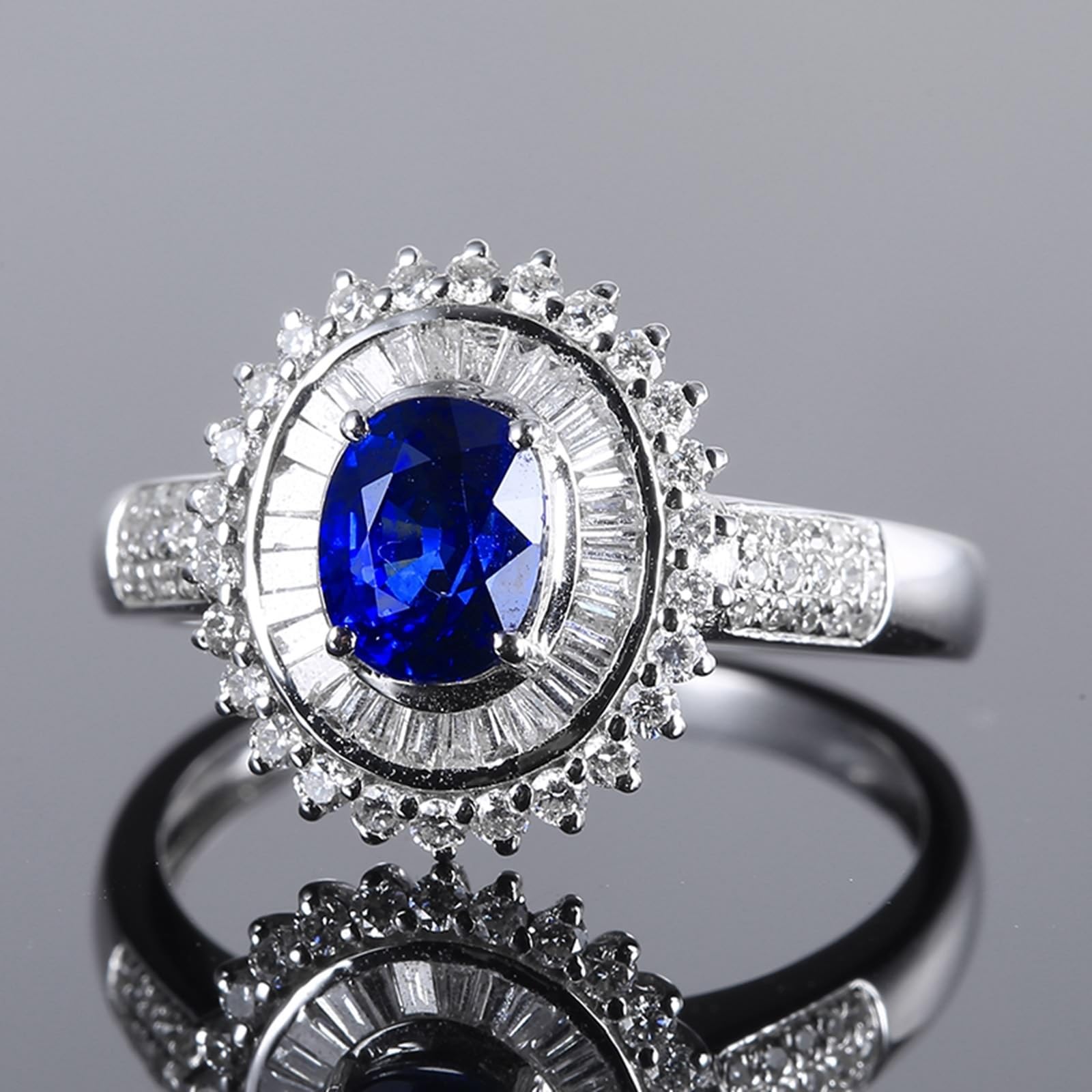 Fedi nuziali in oro bianco 18 carati blu zaffiro ovale, anello da donna con zaffiro da 1,26 carati e diamanti anelli da donna misura 17 (18,1), 57 (18.1), metallo prezioso, Zaffiro