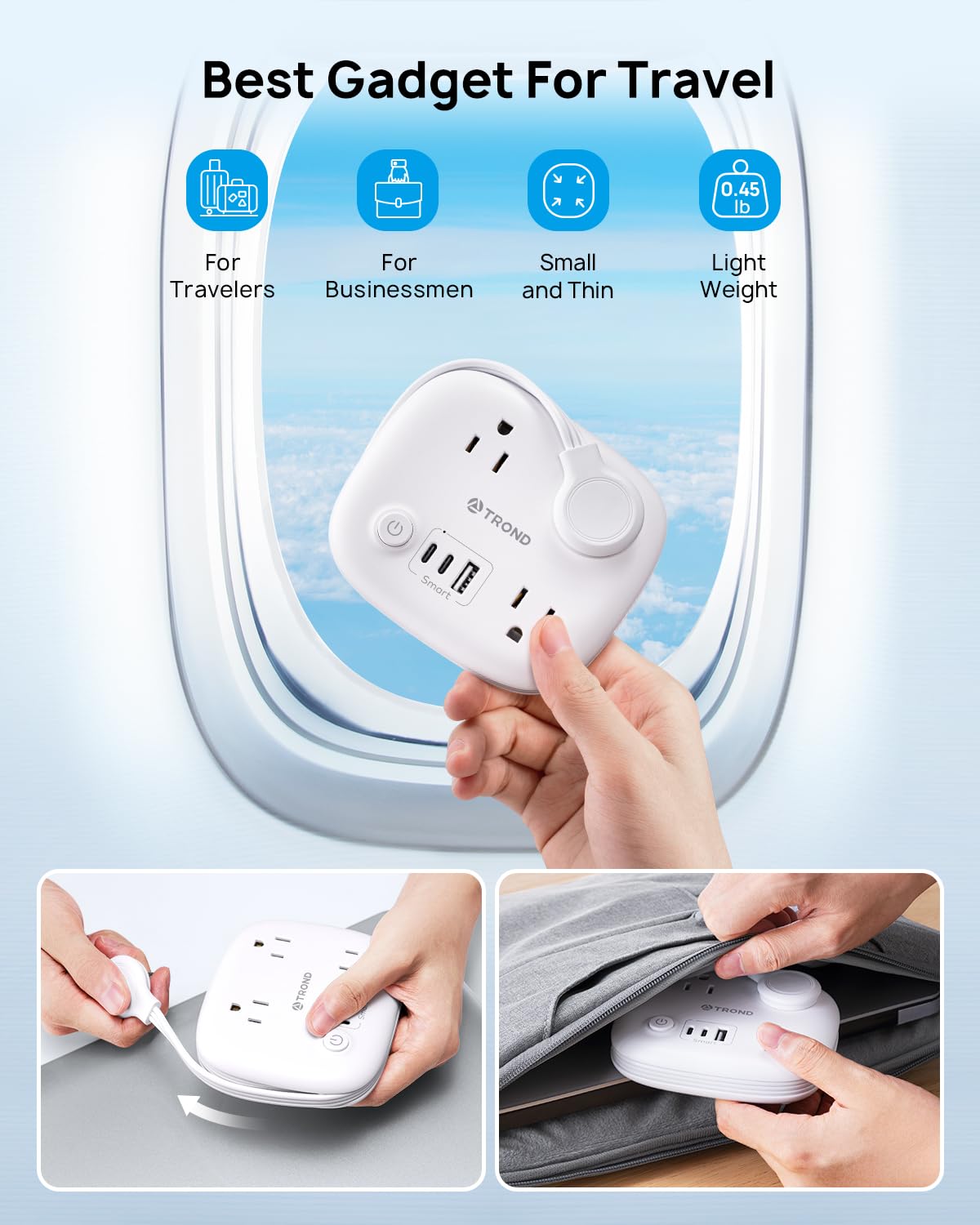 TROND Short Extension Cord - Flat Plug Power Strip with 3 AC Outlets and 2 USB C and 1 USB A Ports, 2.6FT Wrapped Around Travel Power Strip, No Surge Protector for Hotel Home Cruise Ship Essentials