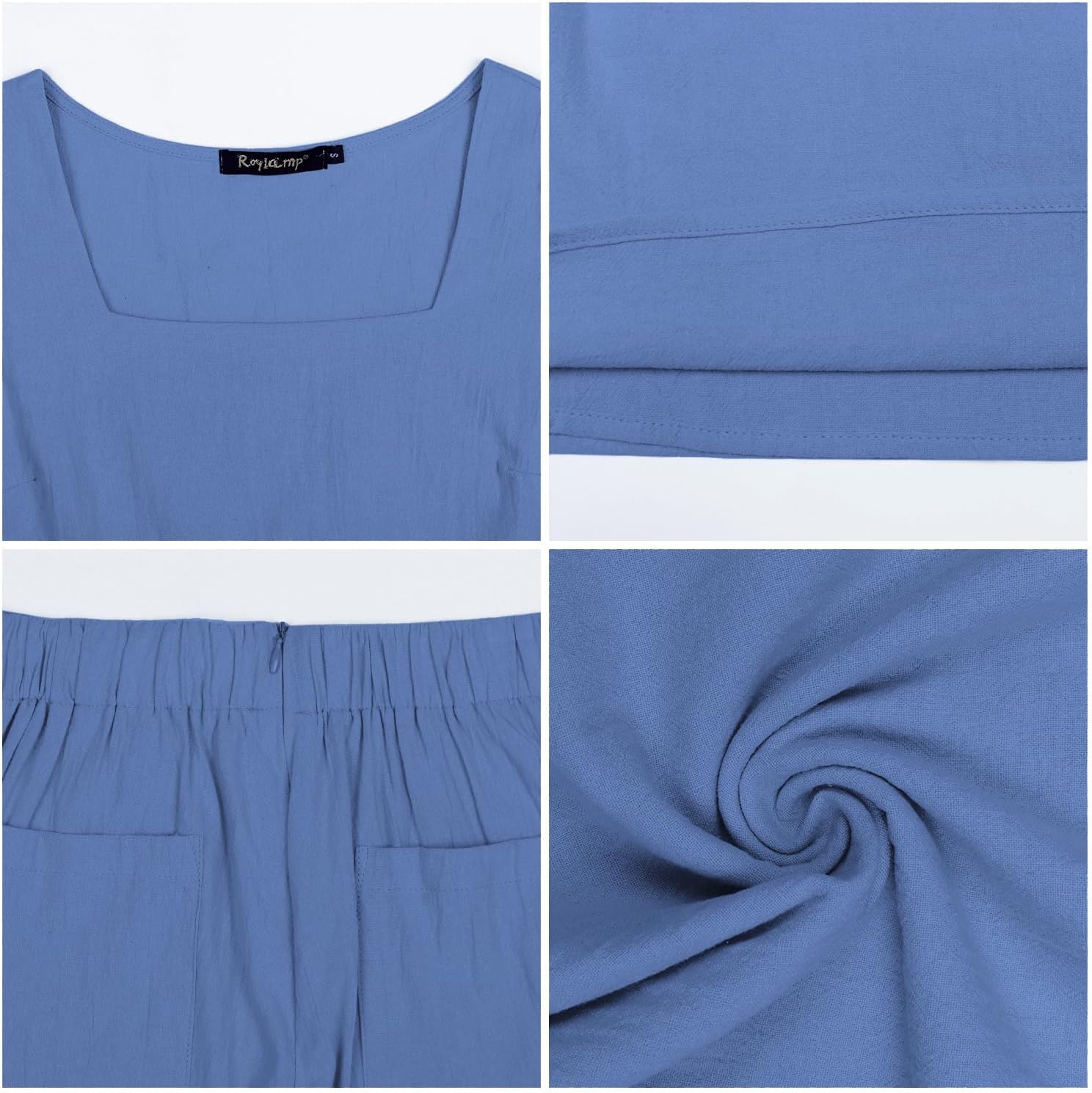 ROYLAMP Women's Summer 2 Piece Outfits Sleeveless Square Neck Tops Wide Leg Pants set Jumpsuit with Pockets - Image 6