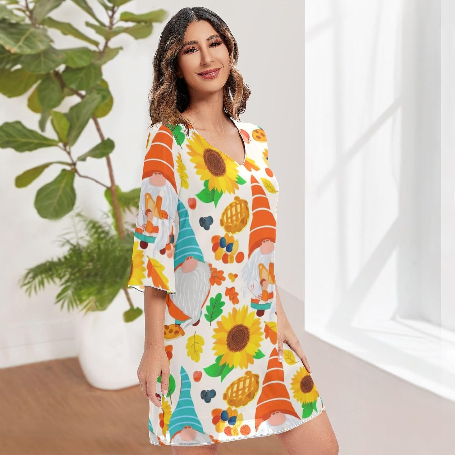 Cute Gnomes Sunflowers Yellow Chiffon V Neck Dress 3/4 Sleeve Chiffon Swing Dress S-XXL