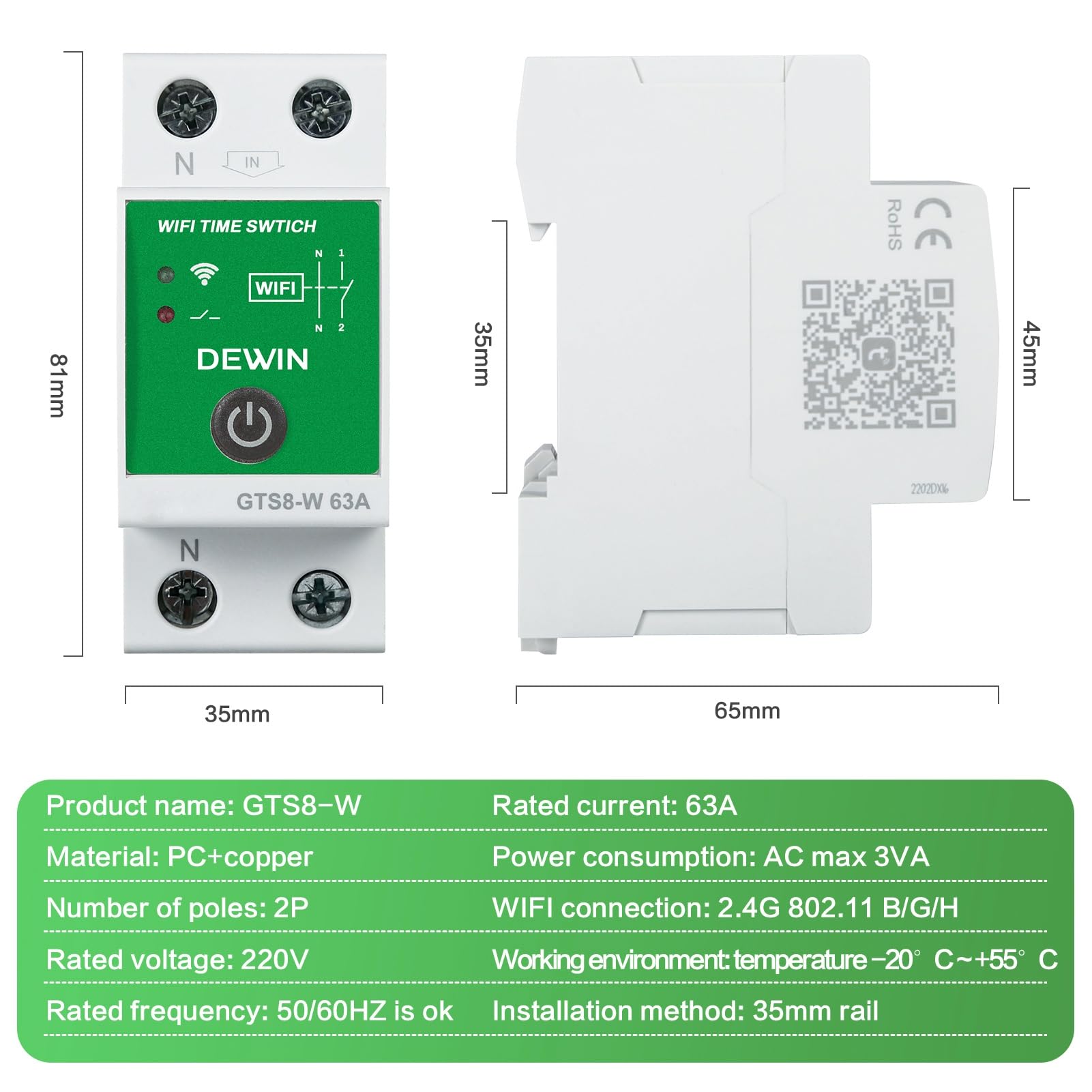 Minuteur WiFi Intelligente, 2P 63A 220V Minuterie Programmable WiFi Rail DIN Horloge Modulaire Connectée WiFi Compatible avec Le contrôle à Distance Via l'app Tuya