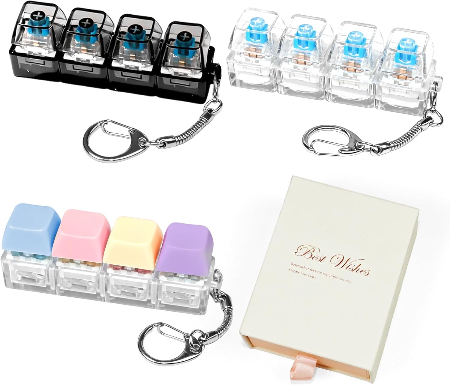 4-Pack Keyboard Fidget Toy,4-in-1 Clicky Stress Relief Fidget Keychain Set with 4 Unique Styles,Quiet Tactile Feedback Button Finger Clicker for Adults to Focus & Calm Anxiety Office Travel, Gift Box