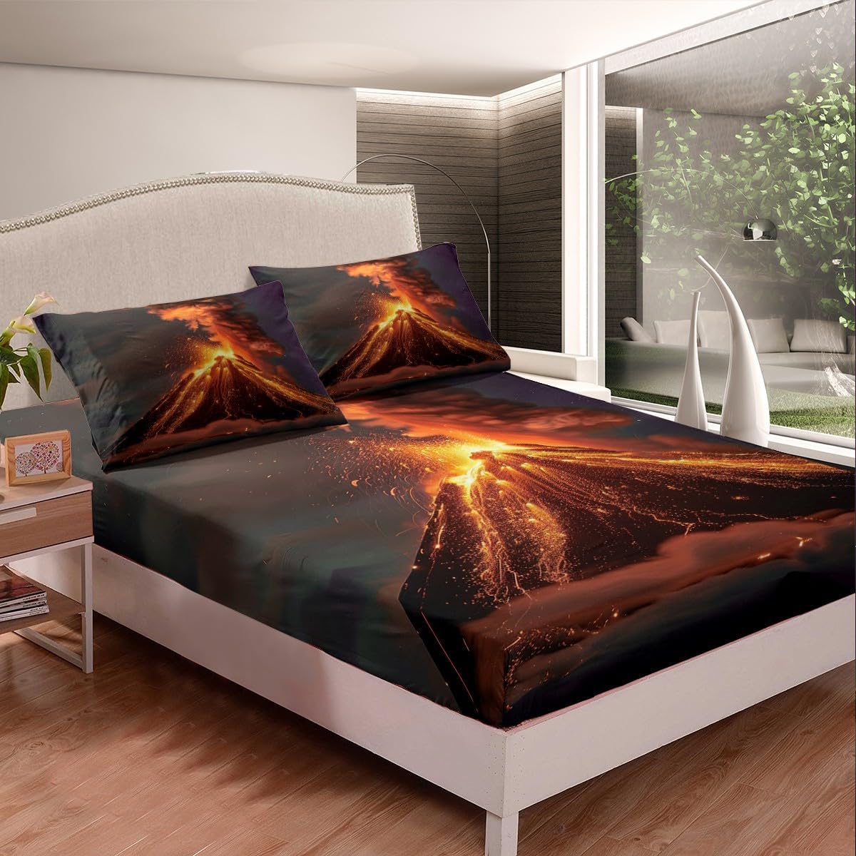 3D Volcano Bedding Set Twin Size Volcano Eruption Bed Set for Girls Teens Bedroom Decor Kids Lava Fitted Sheet Soft Microfiber Red Flame Bed Cover(1 Fitted Sheet+1 Pillow Case) No Flat Sheet