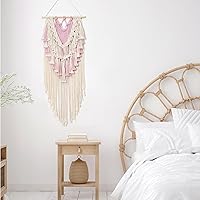 Vista 7 de LB Tapiz tejido de macramé rosa para colgar en la pared, tapiz tejido bohemio, hojas de borlas blancas y rosas, decoración de pared bohemia elegante