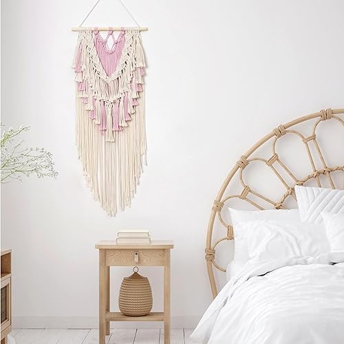 Miniatura 7 de LB Tapiz tejido de macramé rosa para colgar en la pared, tapiz tejido bohemio, hojas de borlas blancas y rosas, decoración de pared bohemia elegante