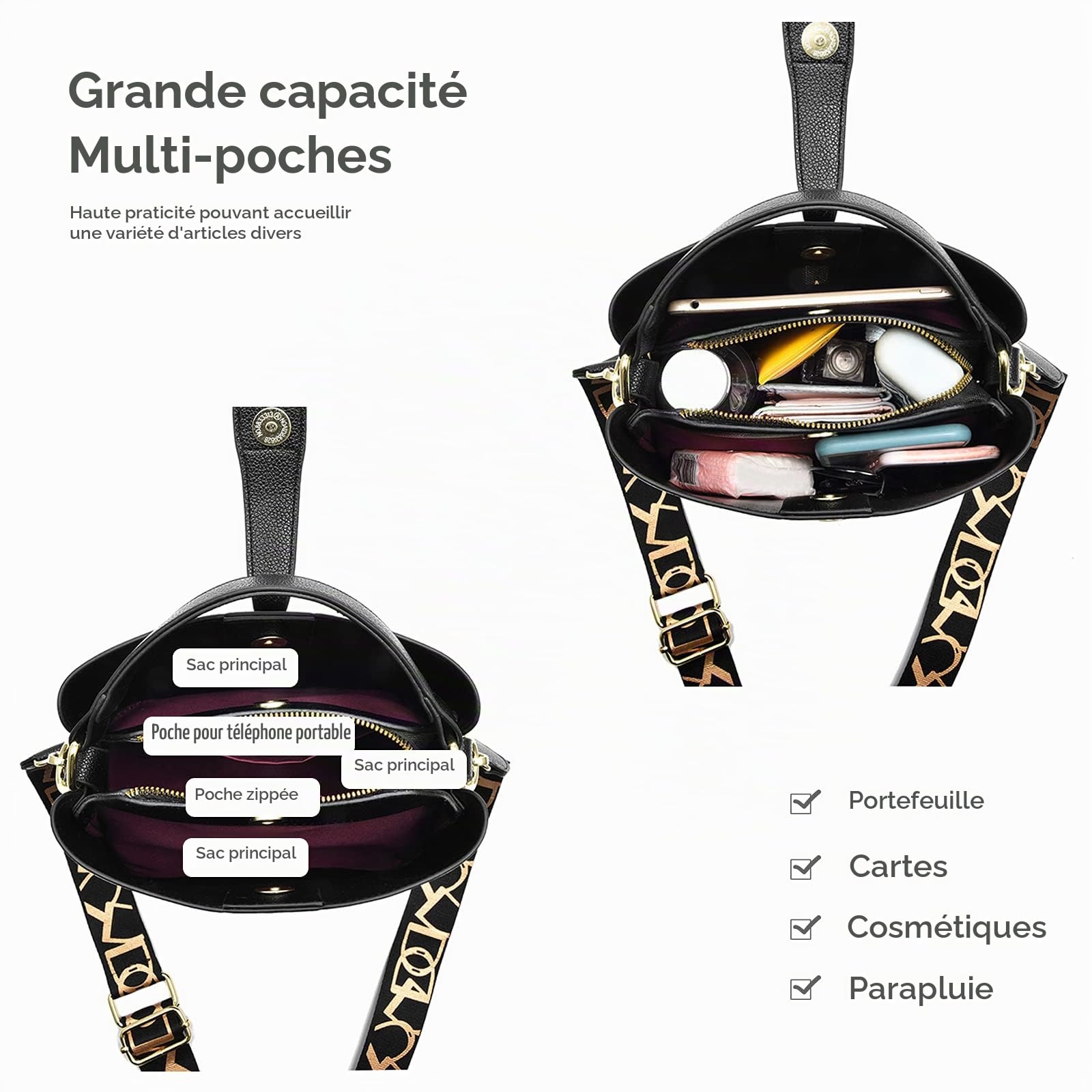 NICOLE & DORIS Sac a Main Femme Sac Bandouliere Porté Epaule Cuir PU Femme Cuir Sacs Grand Capacité Sac Cabas Fourre Sac seau noir