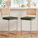 GrandNoor Tabourets de bar modernes de comptoir Brown 3 avec canne à rotin naturelle et dos en bois massif, 24 Revêtement en tissu de bouton de pouce