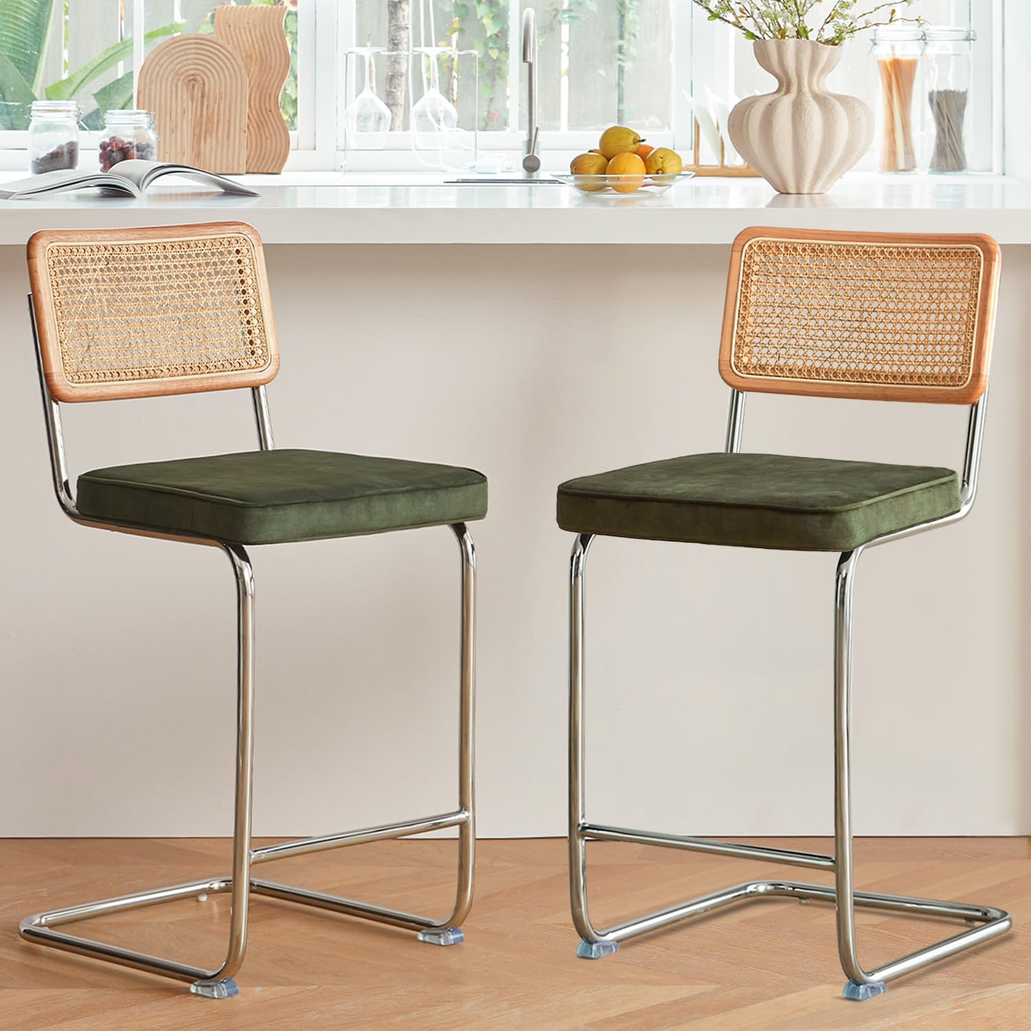 GrandNoor Natural Rattan Bar Stools Set of 2 with Solid Wood Back, 24 Inch Mid Century Modern Counter Height Stools, Green Upholstery Boho Stool for Kitchen Counter with Chrome Metal Legs