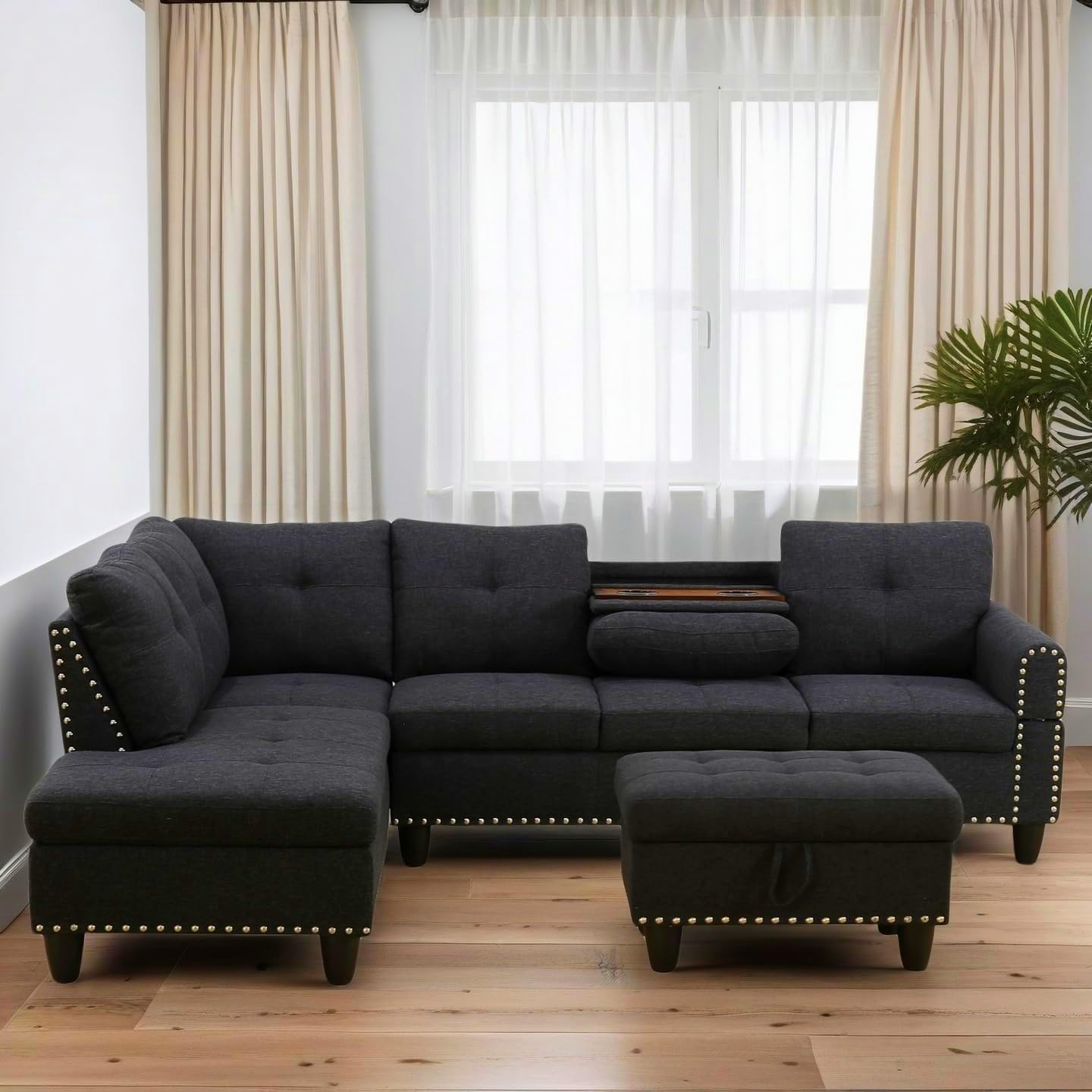 L Shaped Couches for Living Room, Sectional Couch Living Room Furniture with Storage Ottoman, Modular Sectional Sofa with Movable Chaise for Apartment Office, Black Grey