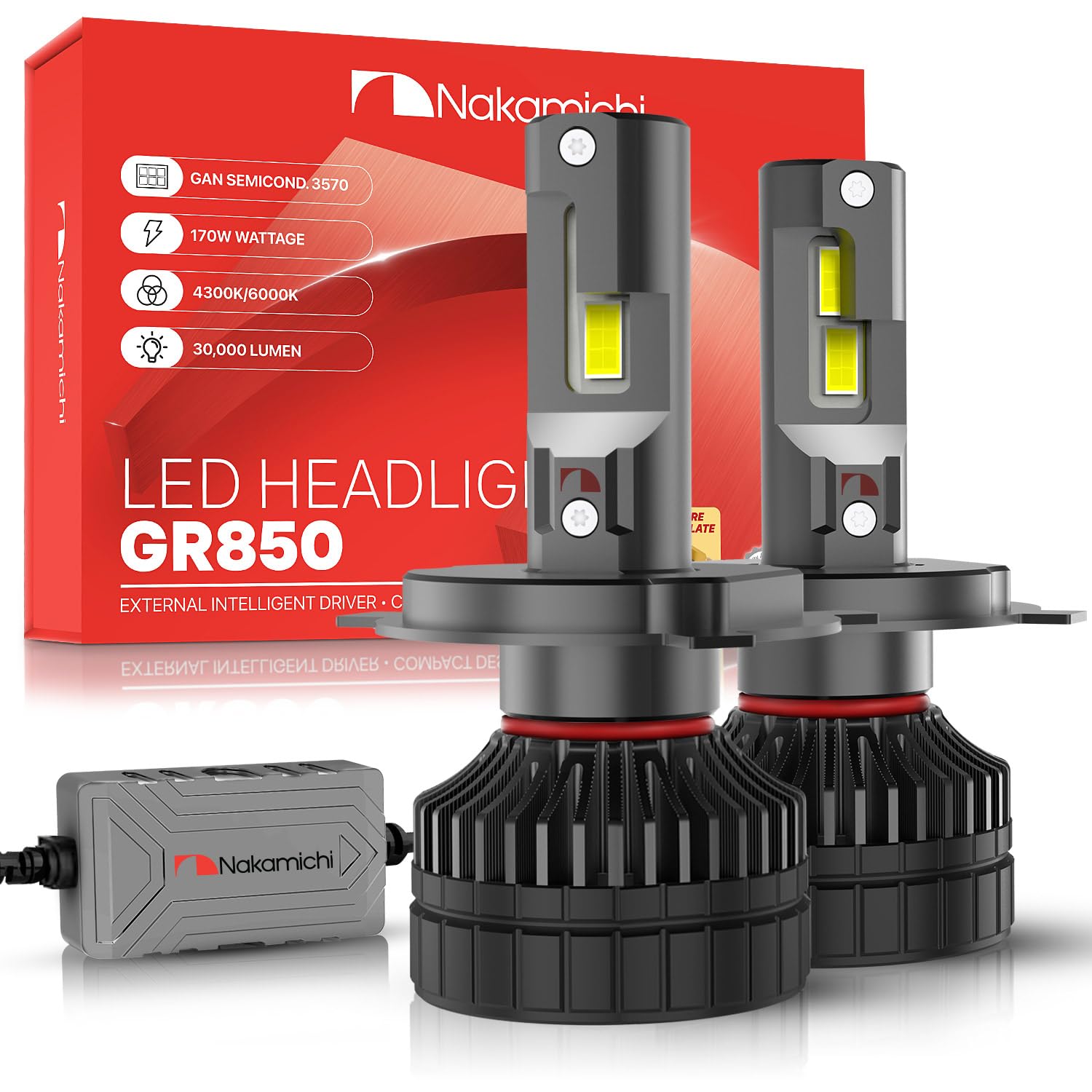 Nakamichi GR850 Serii H4 Żarówki LED do Wymiany, 30 000 Lumenów, 170W na Zestaw, Super Jasna Chłodna Biel, Plug and Play, Wysoki i Niski Strumień Światła, Zestaw 2 szt., 4300K, H4 (HB2 9003)