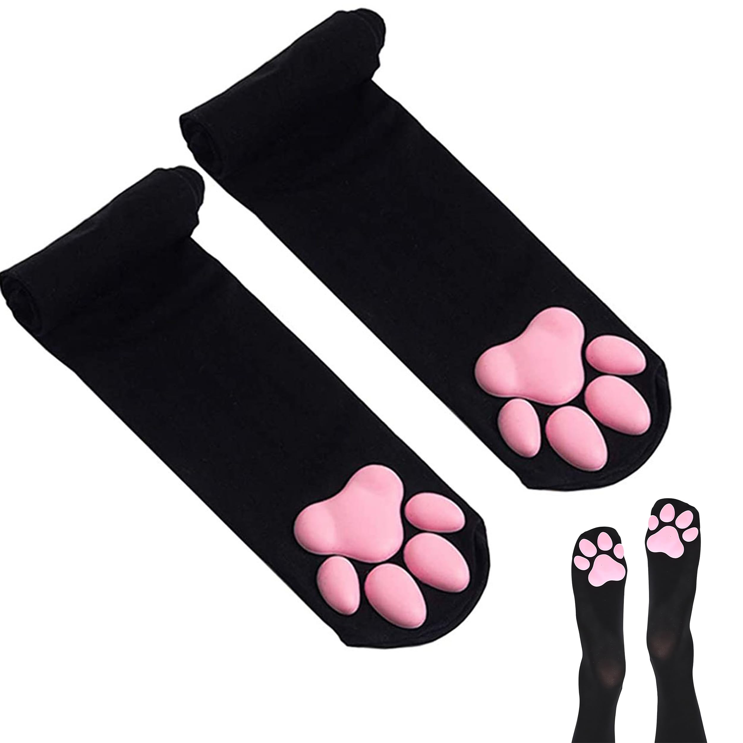 Homegymfree Women's Black Cat Paw Socks, Thigh High Soft 3D Paw Pad Toe Beans Stockings For Cat Cosplay, One Size