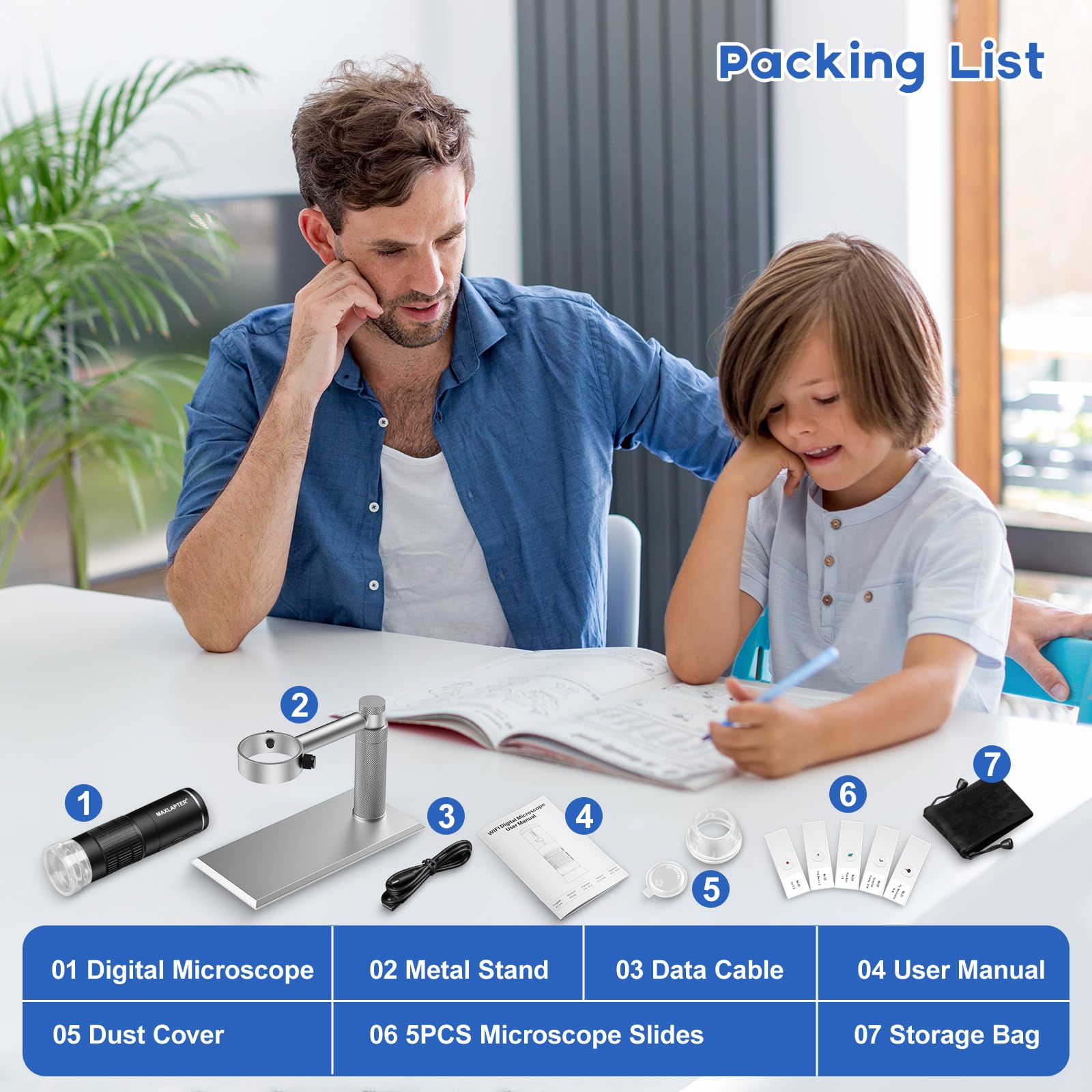 MAXLAPTER Microscopio Digitale WiFi 50X-1000X per Adulti e Bambini, Portatile Microscopio USB con Supporto Metallo, Compatibile con iPhone iPad Android Windows Mac