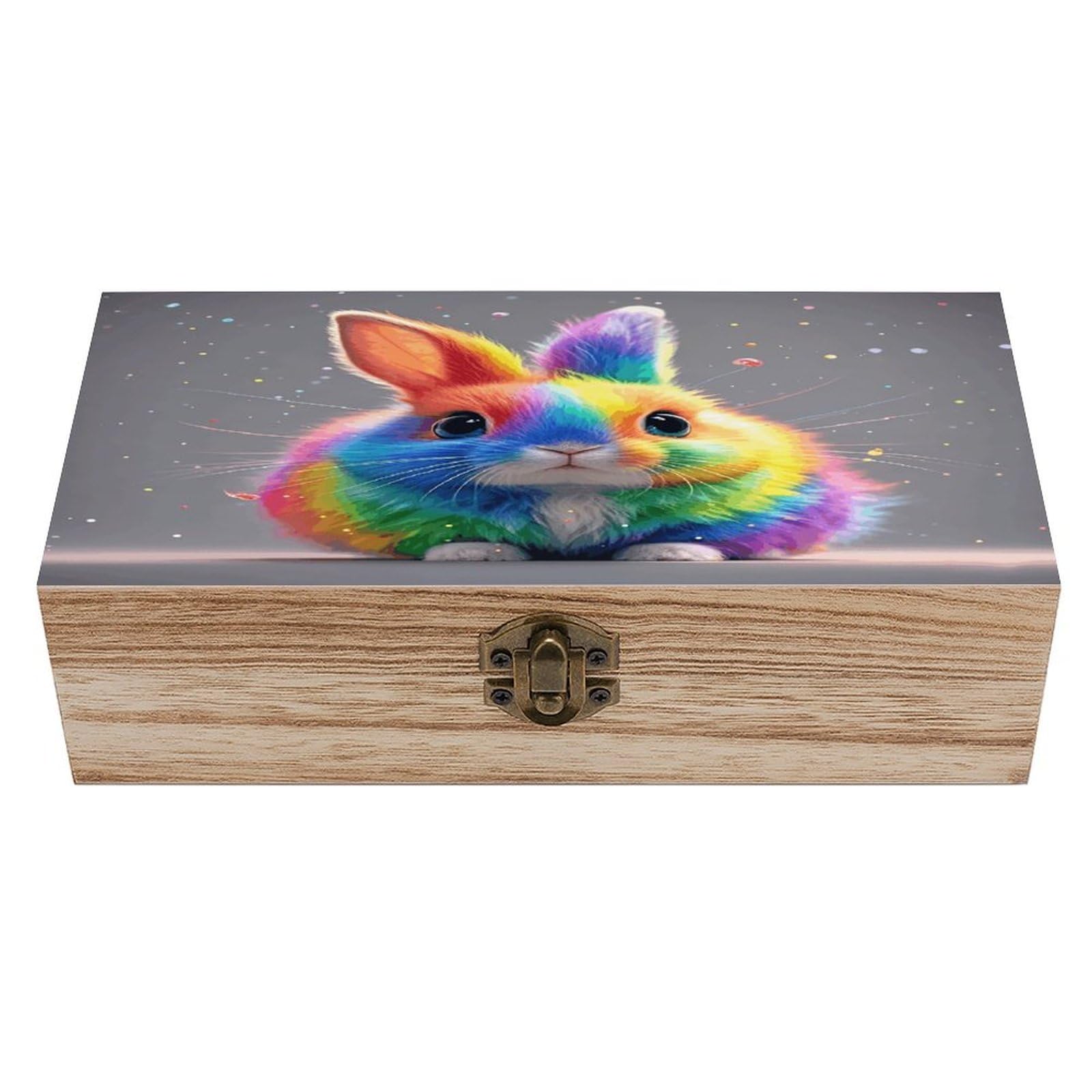 VstaDank Rainbow Rabbit Wooden Storage Box Vintage Wood Box with Lid Large Wooden Jewelry Boxes DIY Wood Gift Boxes Exquisite Jewelry Case Art Stash Keepsake Storage Case