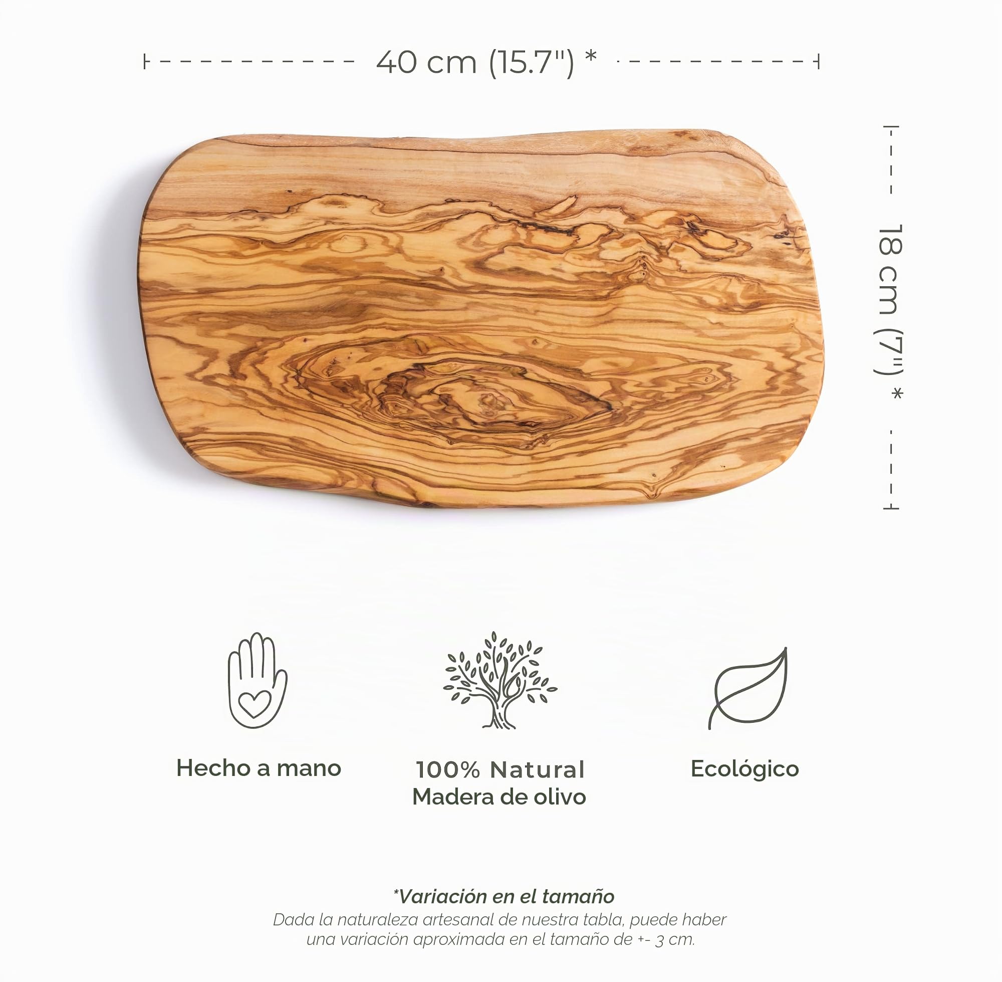 Tabla Cortar De Madera De Olivo Natural Reversible Hecho A Mano Aprox. 40 x 18 cm (+/- 3 cm) Tabla De Quesos, De Desayuno, De Servir, De charcutería, De Cocina