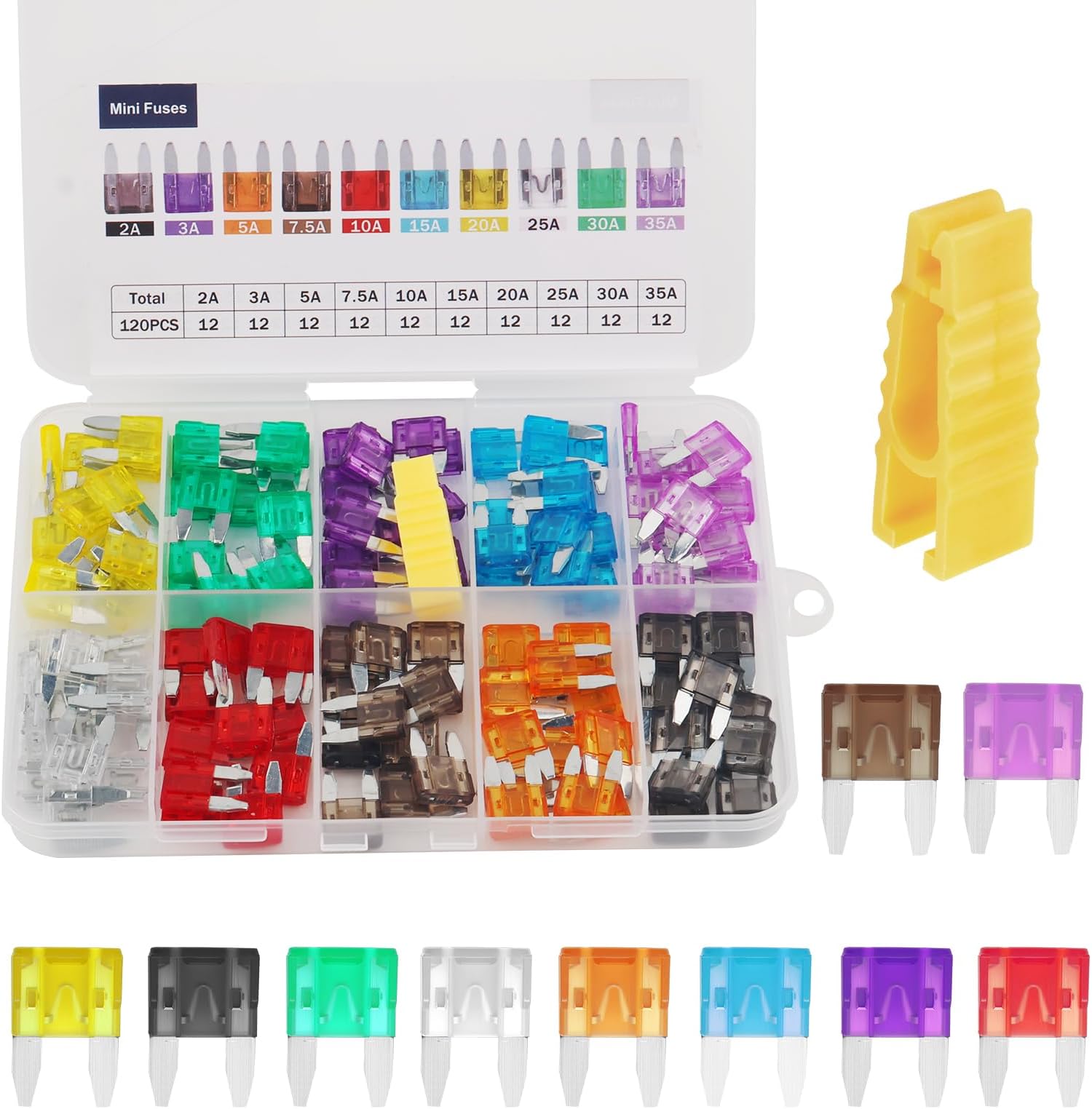 120PCS Car Mini Fuse Kit with Fuse Puller Tool,Blade Car Fuses Assortment Kit Includes 35A 30A 25A 20A 15A 10A 7.5A 5A 3A 2A Specifications,Colorful Cars Mini Fuses Assortment Kits