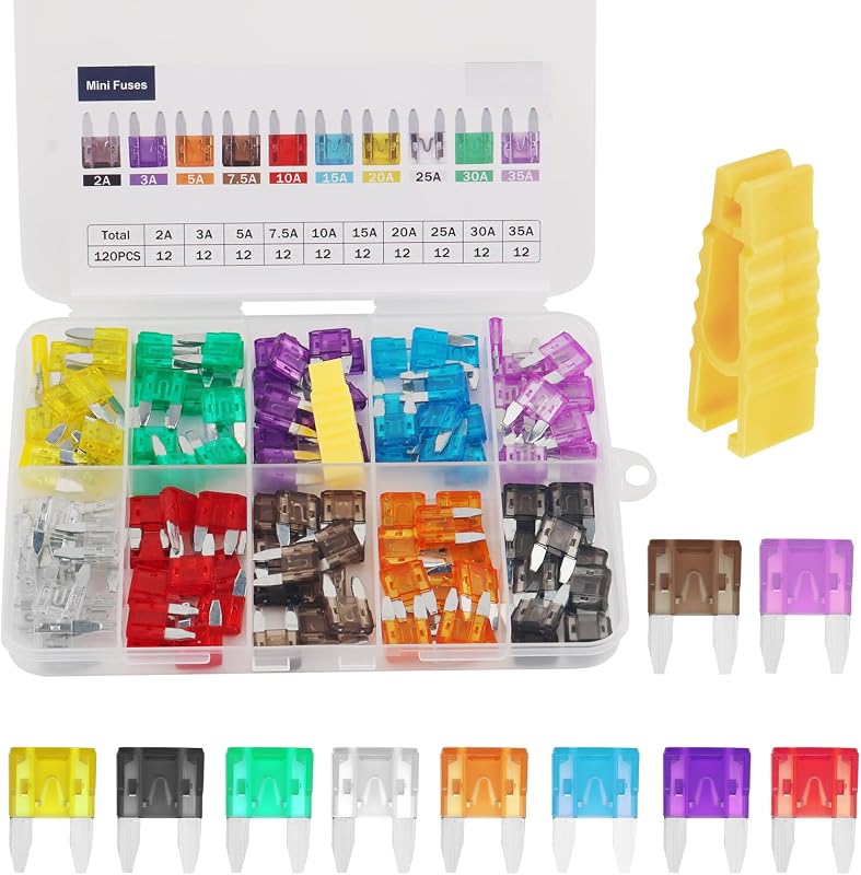 120PCS Car Mini Fuse Kit with Fuse Puller Tool,Blade Car Fuses Assortment Kit Includes 35A 30A 25A 20A 15A 10A 7.5A 5A 3A 2A Specifications,Colorful Cars Mini Fuses Assortment Kits (120PCS)